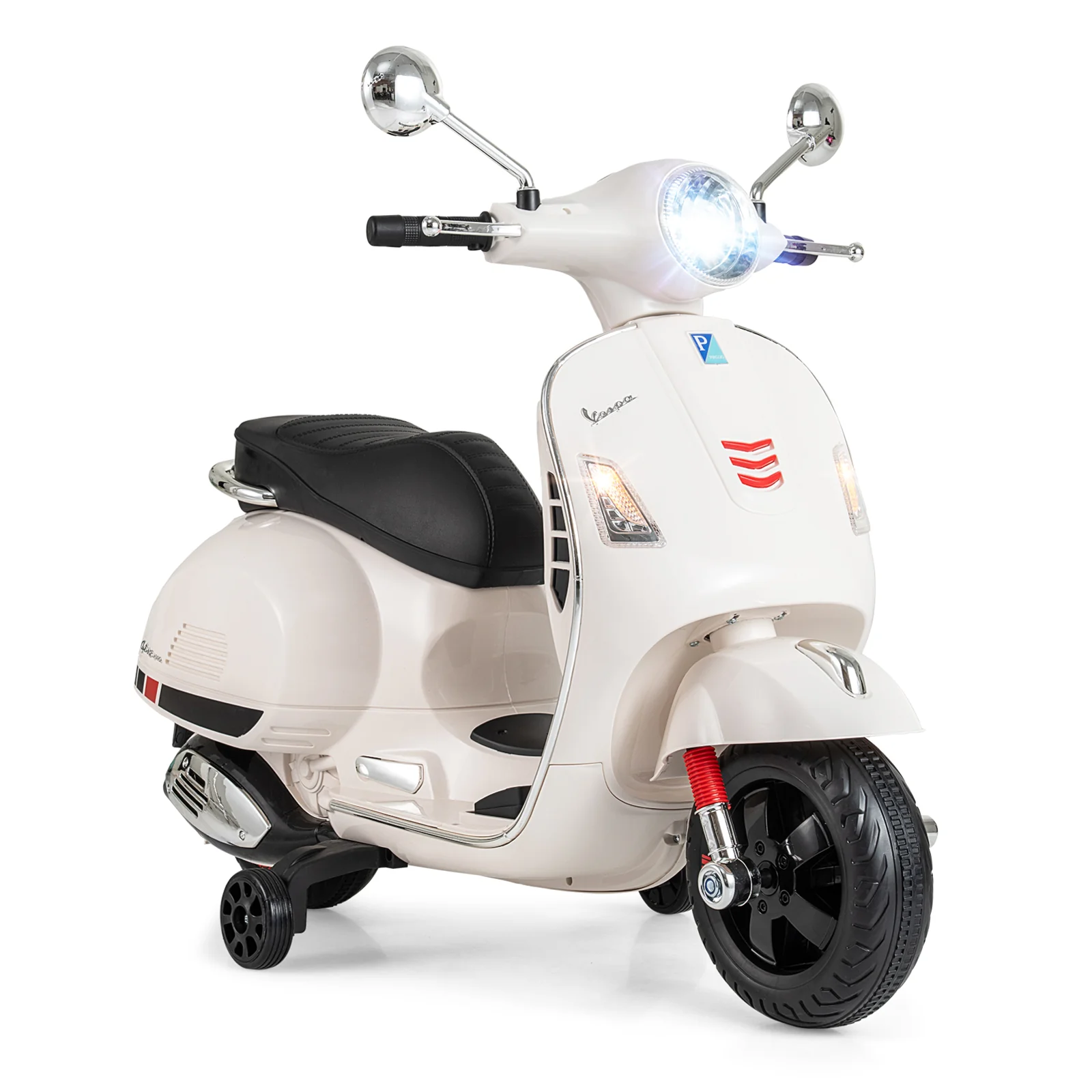 12V Kids Electric Motorcycle Licensed VESPA with Music and Training Wheels, White - Image 8