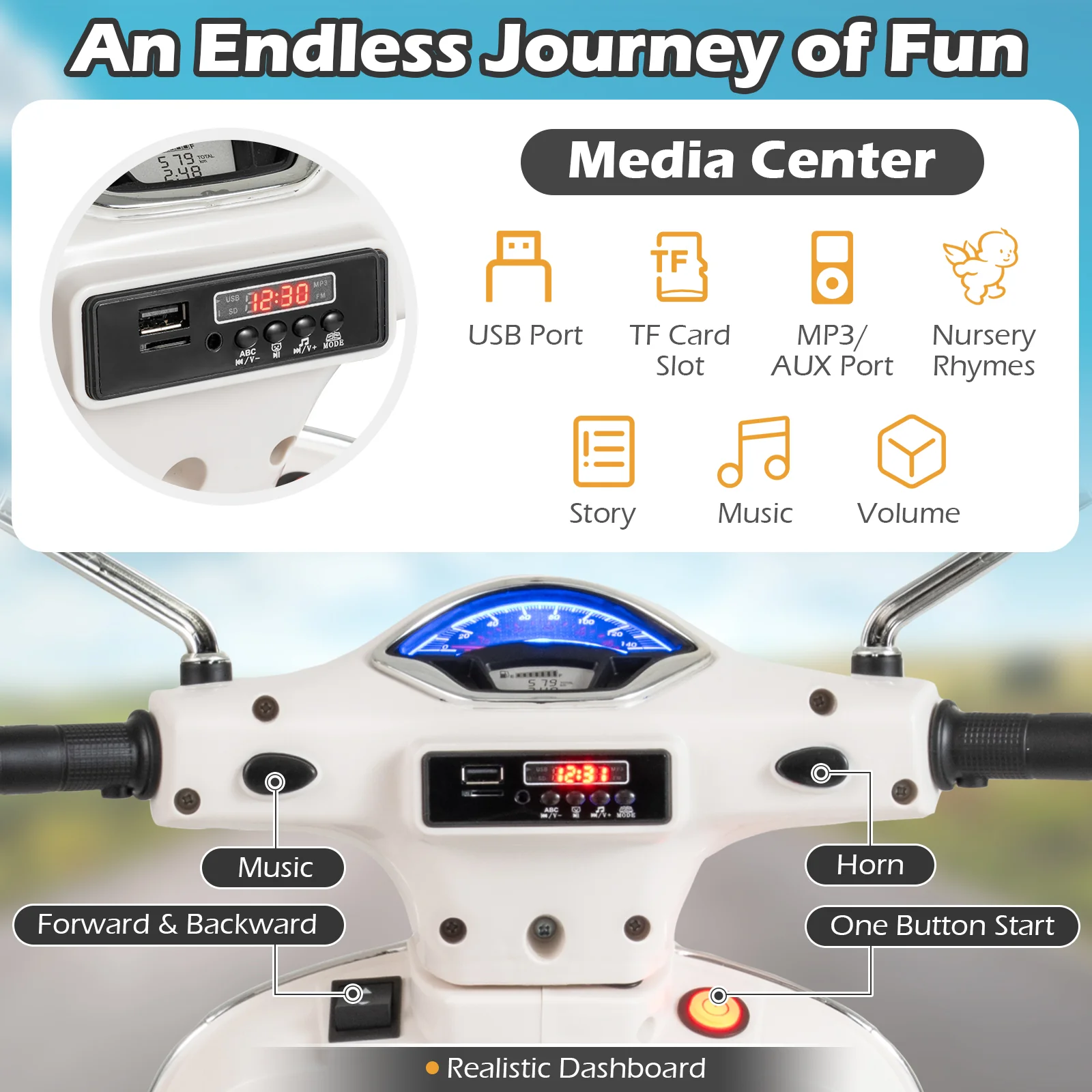 12V Kids Electric Motorcycle Licensed VESPA with Music and Training Wheels, White - Image 9