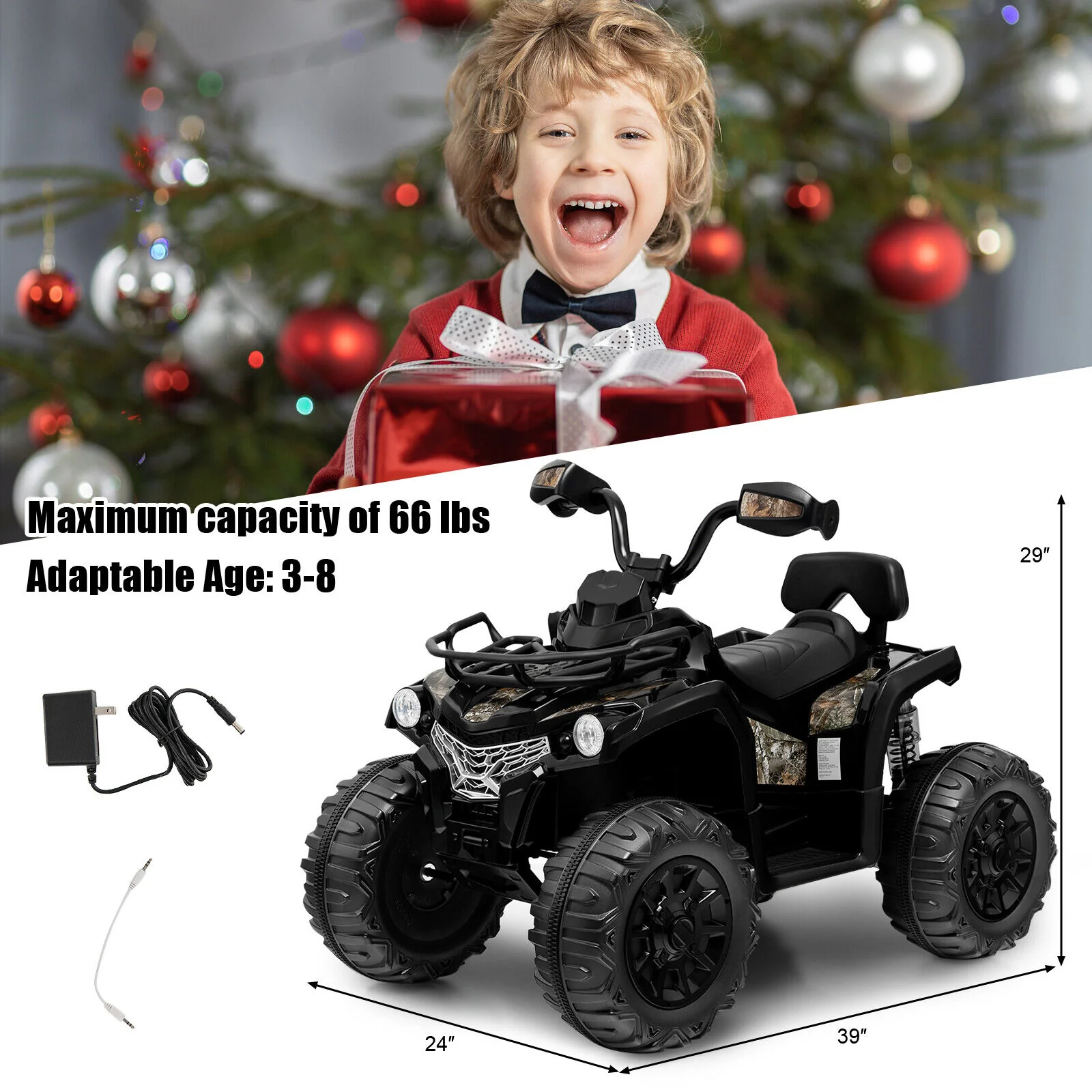 12V Kids Ride On ATV 4 Wheeler, Black - Image 5