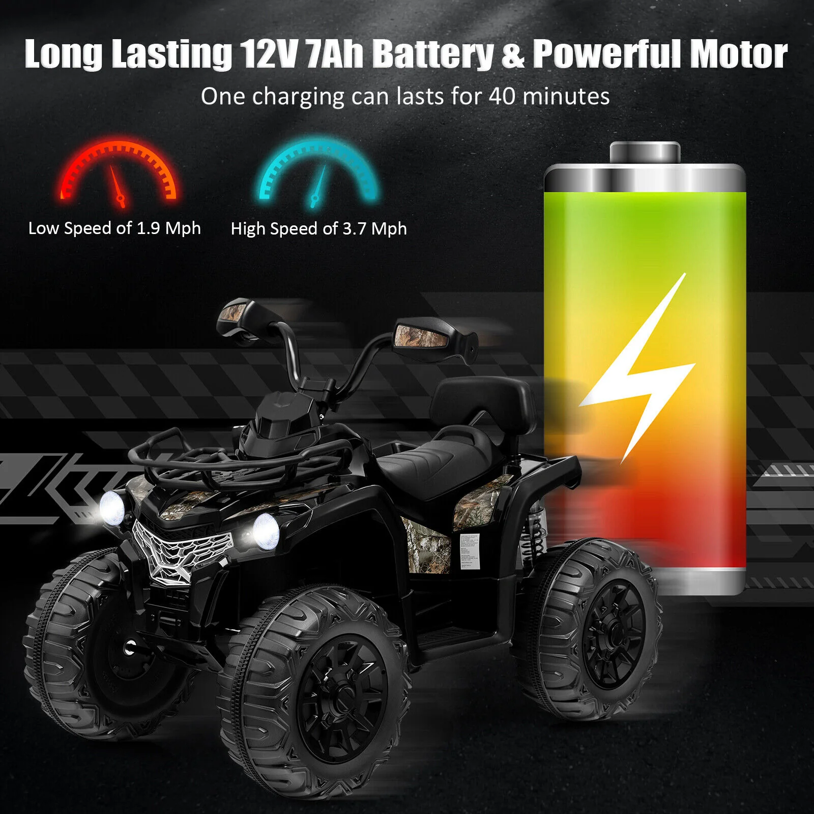 12V Kids Ride On ATV 4 Wheeler, Black - Image 7
