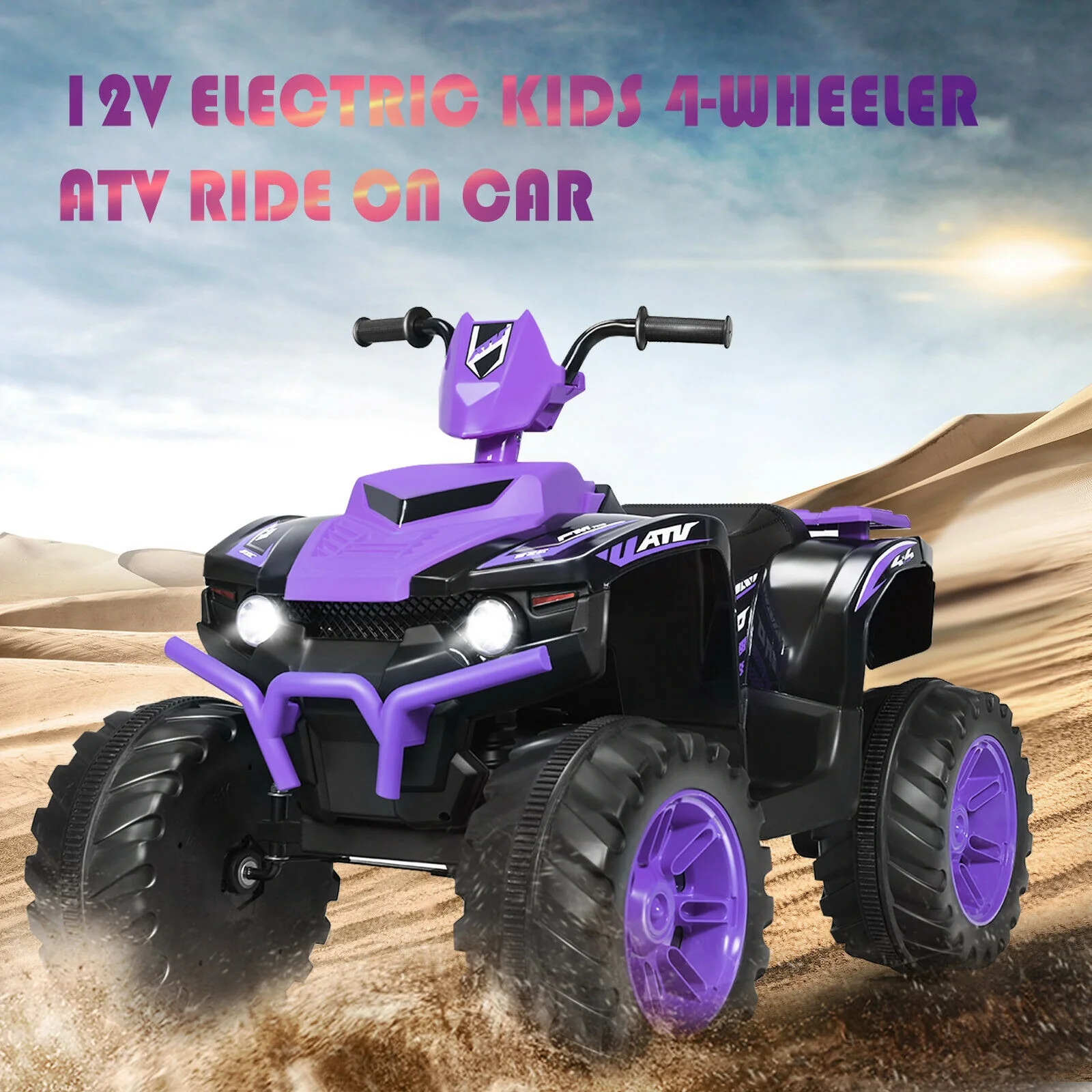 12V Kids Ride On ATV, LED Lights, Treaded Tires, Purple - Image 10