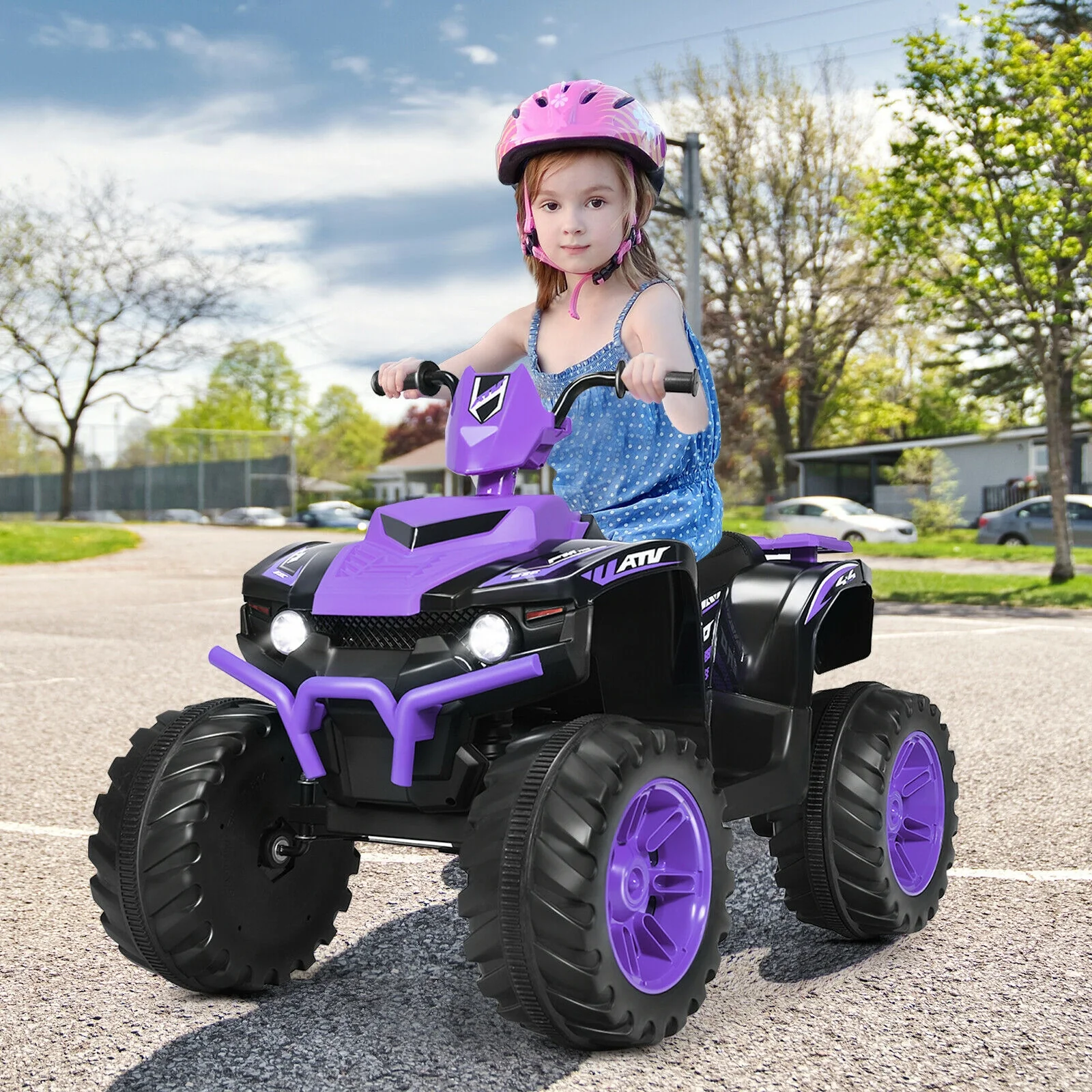 12V Kids Ride On ATV, LED Lights, Treaded Tires, Purple - Image 2