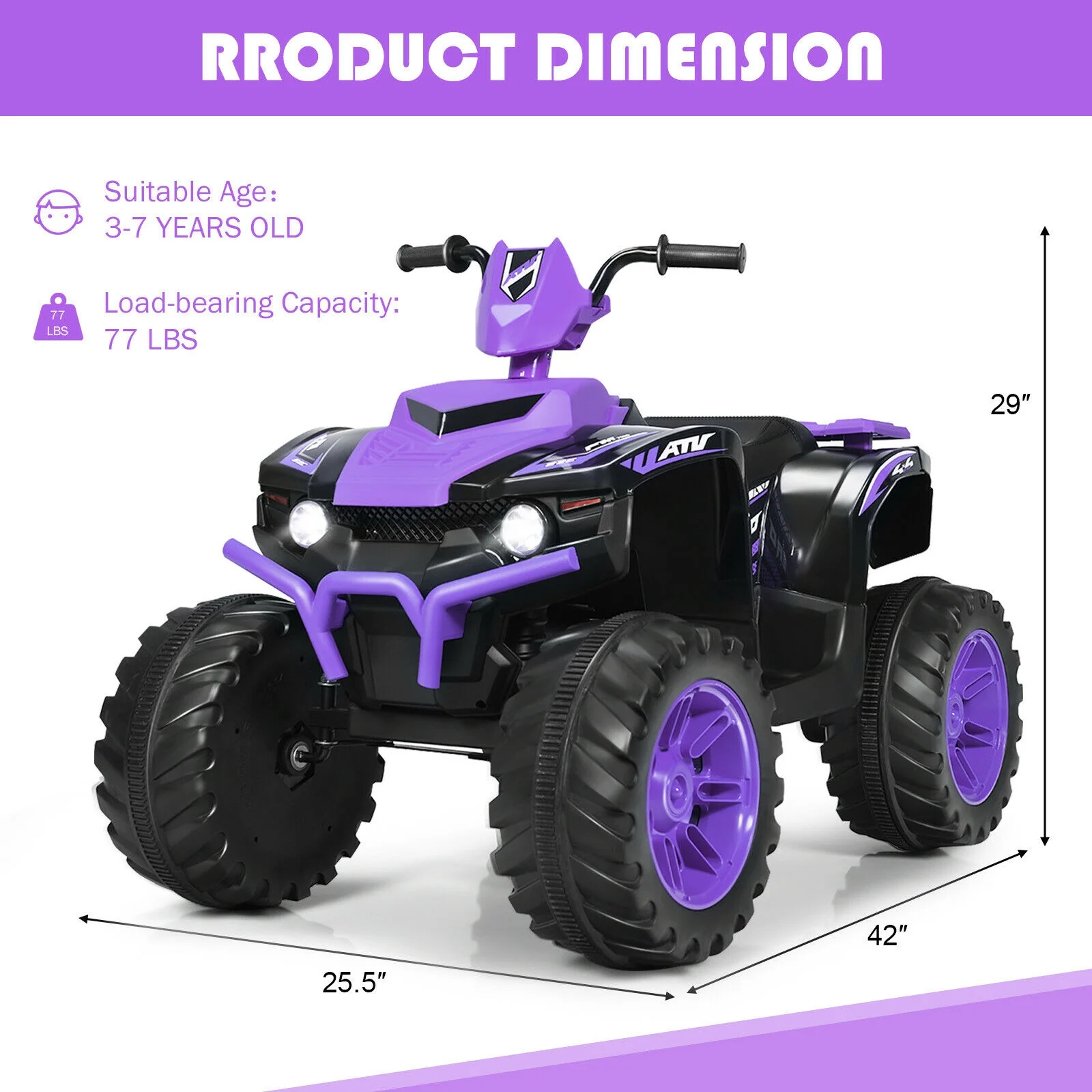 12V Kids Ride On ATV, LED Lights, Treaded Tires, Purple - Image 5