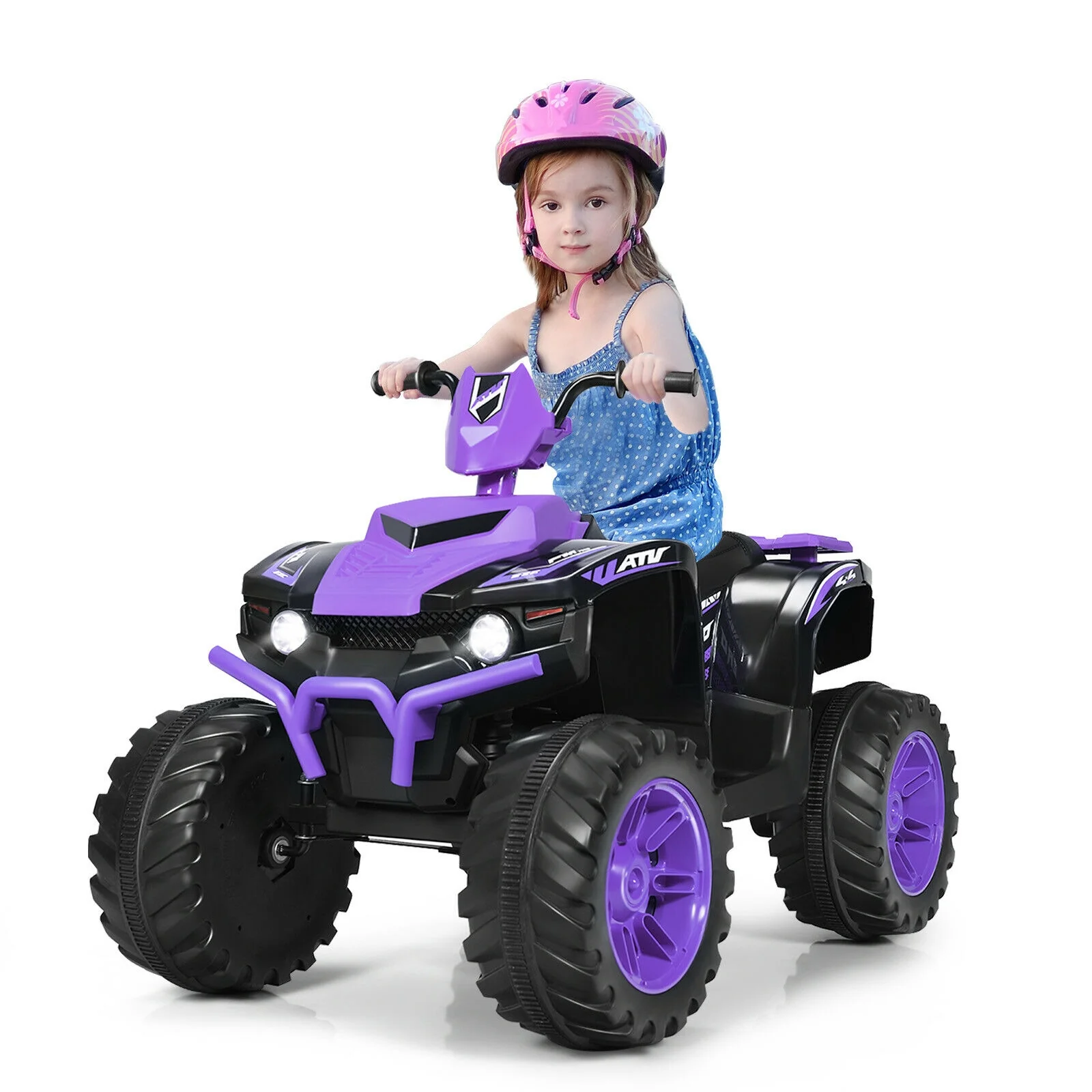12V Kids Ride On ATV, LED Lights, Treaded Tires, Purple - Image 6