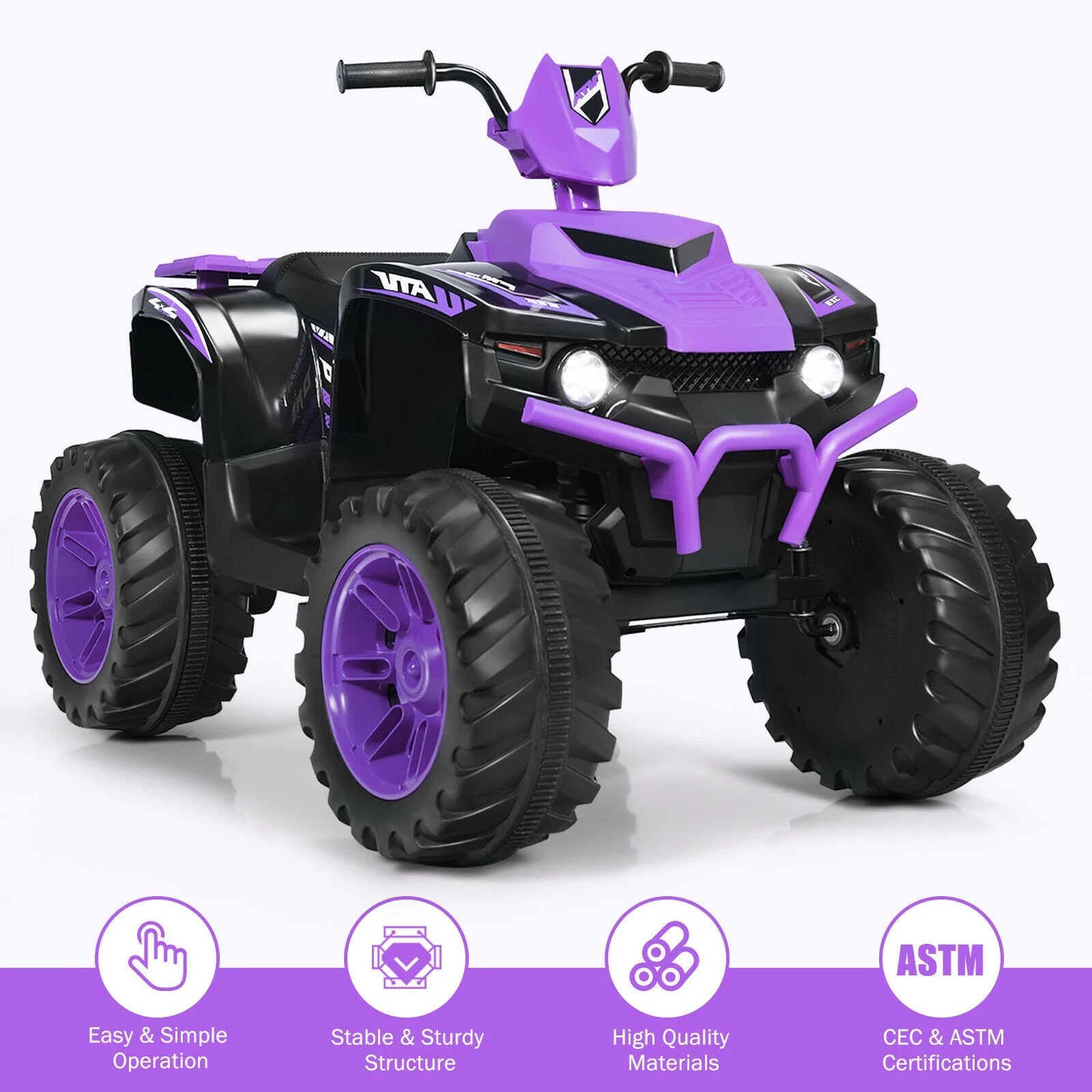 12V Kids Ride On ATV, LED Lights, Treaded Tires, Purple - Image 7