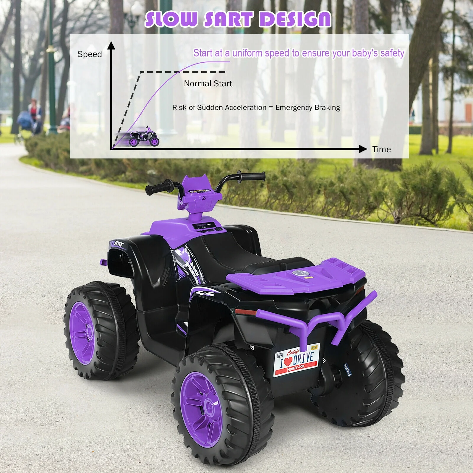 12V Kids Ride On ATV, LED Lights, Treaded Tires, Purple - Image 9