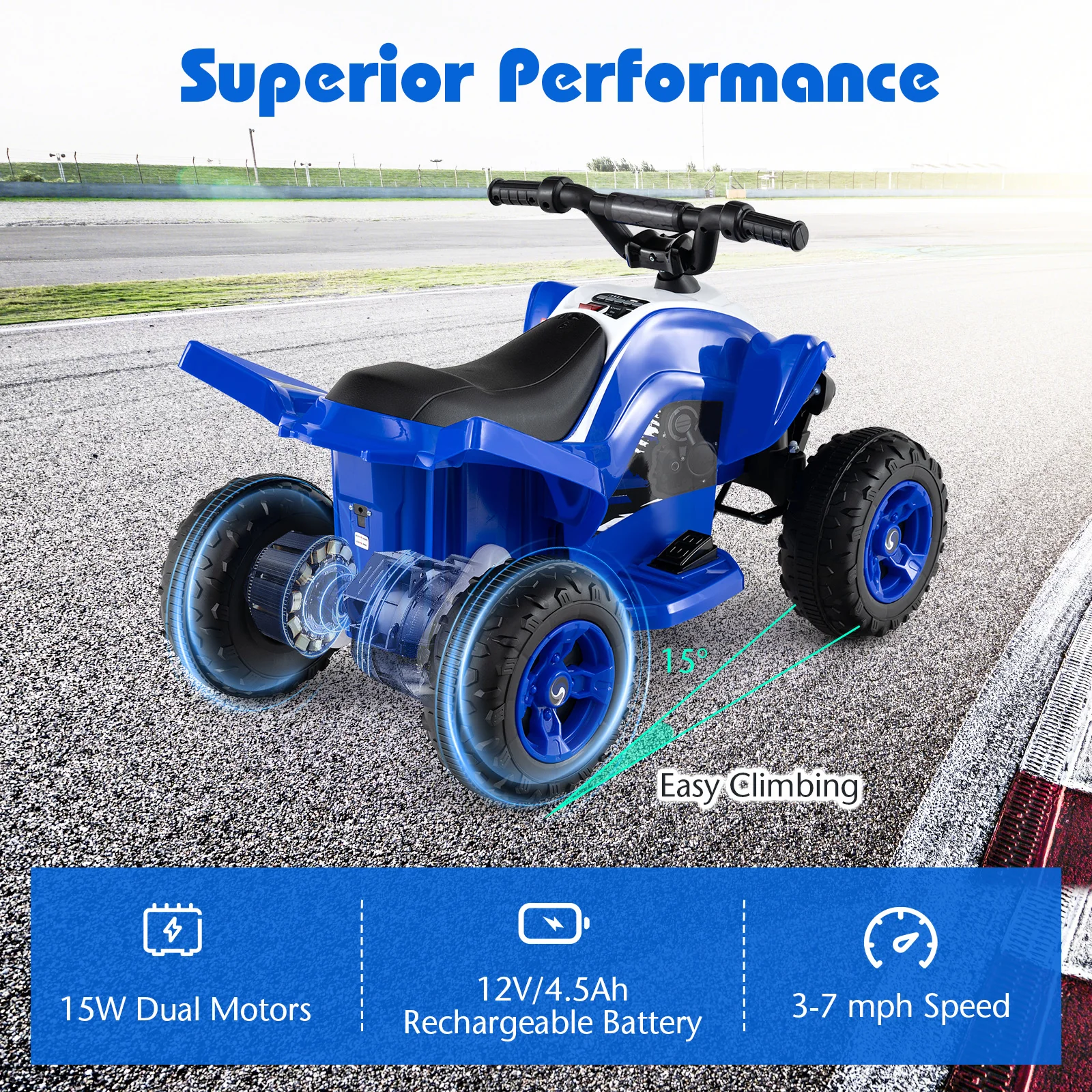 12V Kids Ride On ATV Quad, LED Lights, 7 Mph, Navy - Image 7