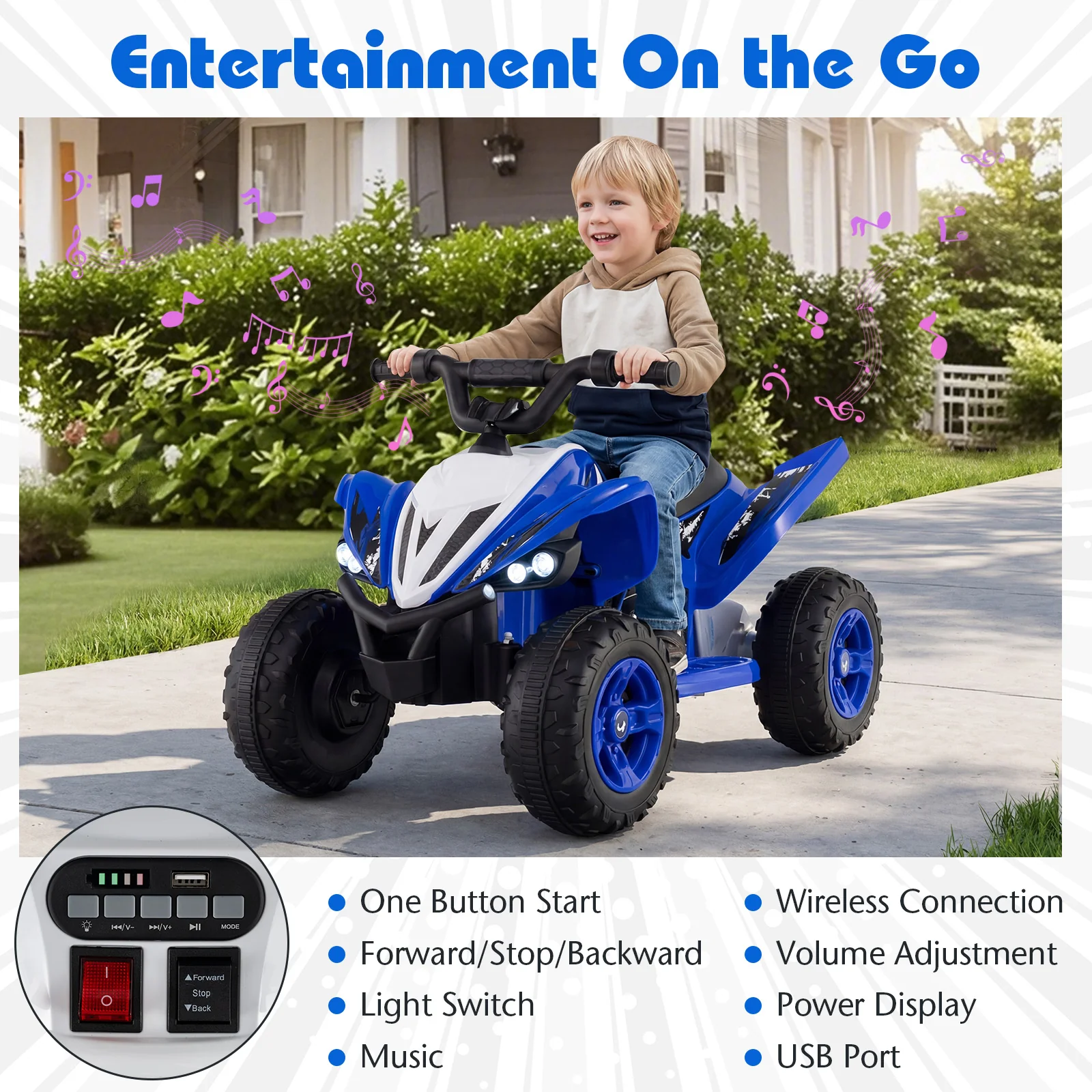 12V Kids Ride On ATV Quad, LED Lights, 7 Mph, Navy - Image 8