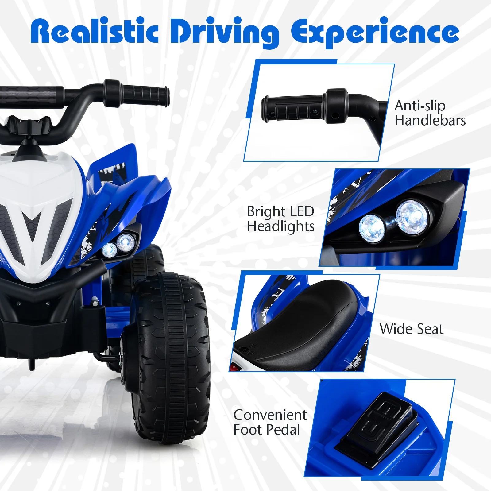 12V Kids Ride On ATV Quad, LED Lights, 7 Mph, Navy - Image 9