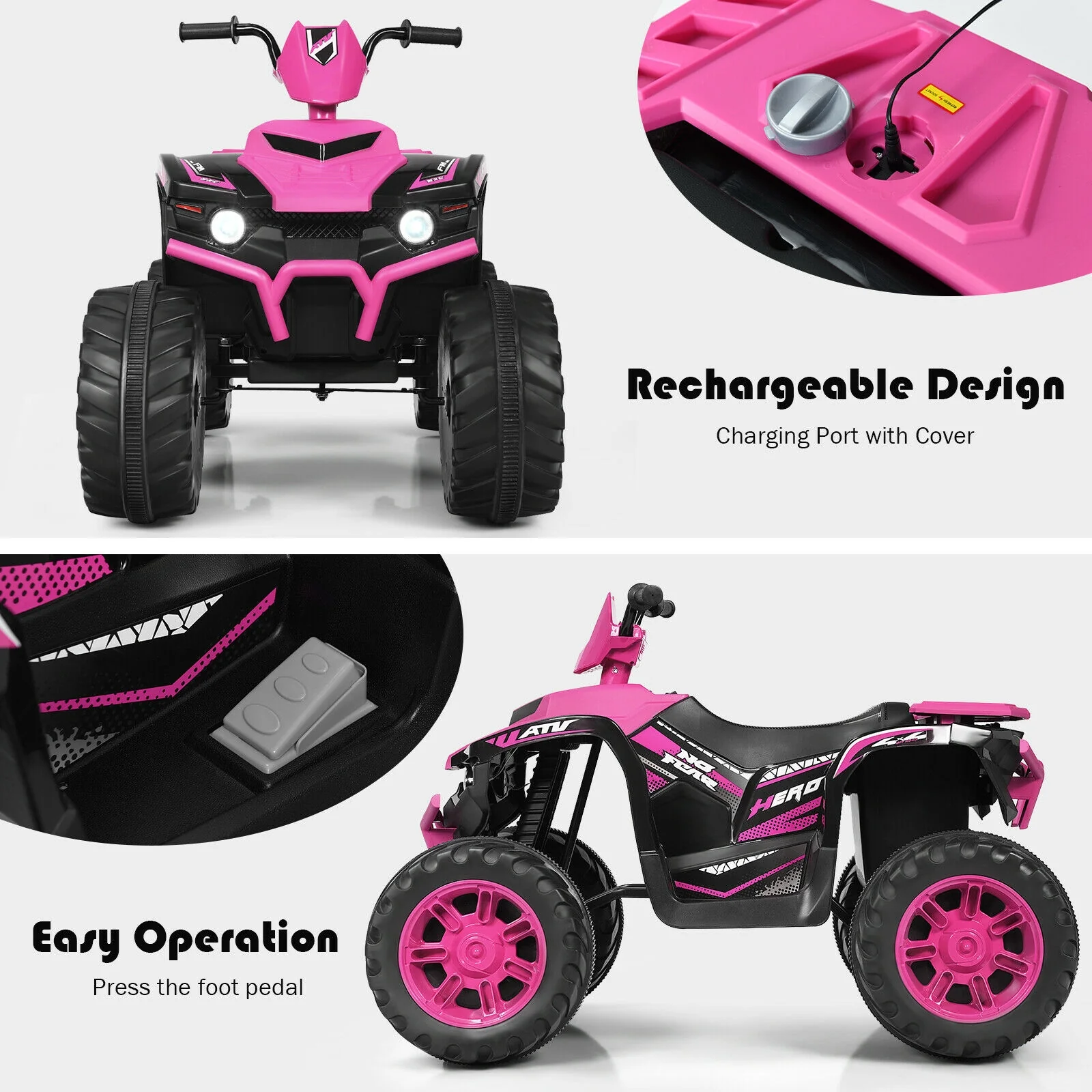 12V Kids Ride On ATV With LED Lights, Treaded Tires, Pink - Image 10