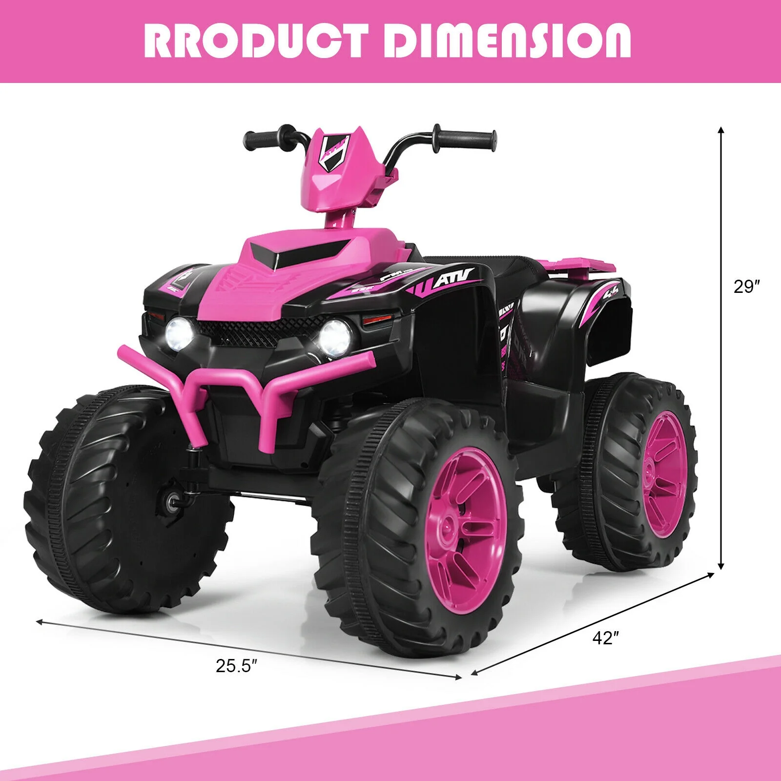 12V Kids Ride On ATV With LED Lights, Treaded Tires, Pink - Image 5