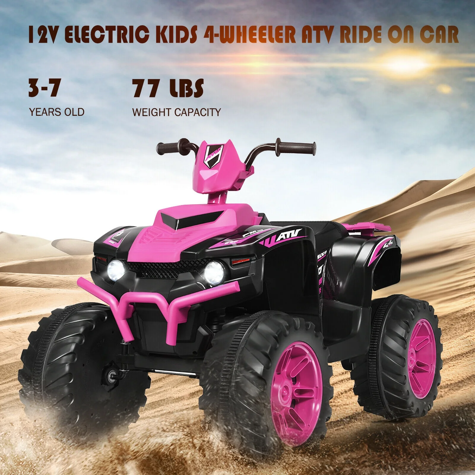 12V Kids Ride On ATV With LED Lights, Treaded Tires, Pink - Image 9