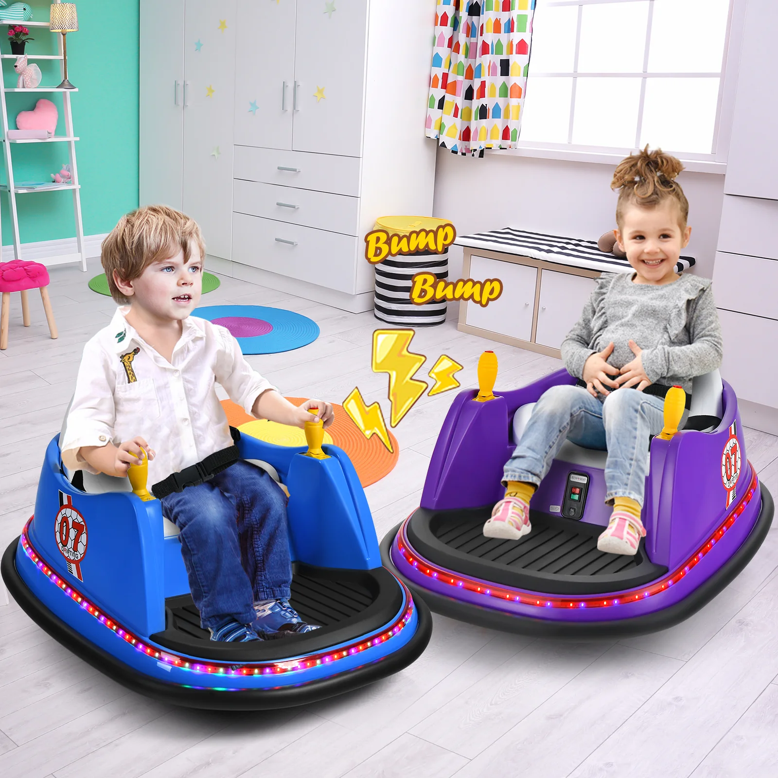 12V Kids Ride On Bumper Car, Flashing Lights, Blue - Image 3