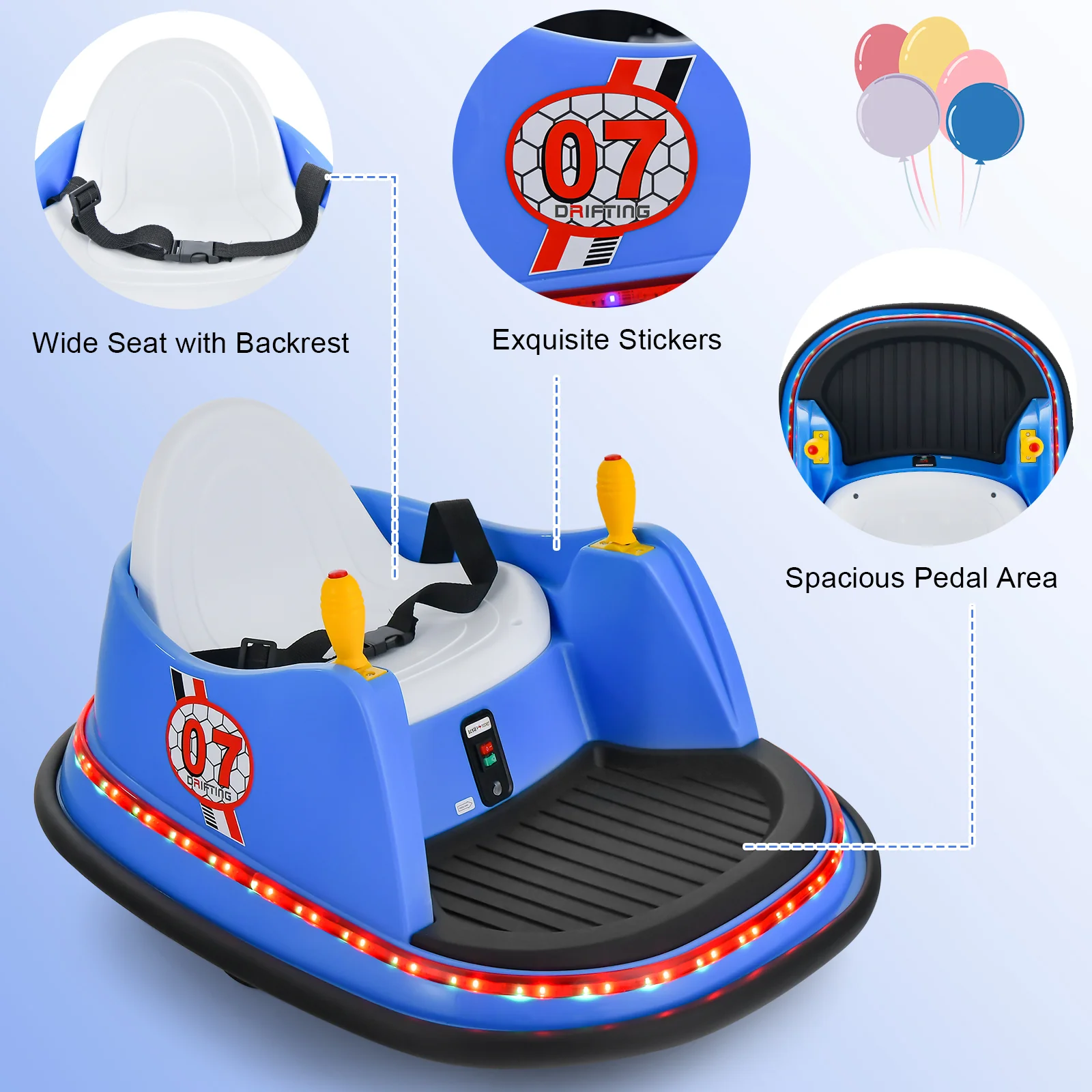 12V Kids Ride On Bumper Car, Flashing Lights, Blue - Image 9