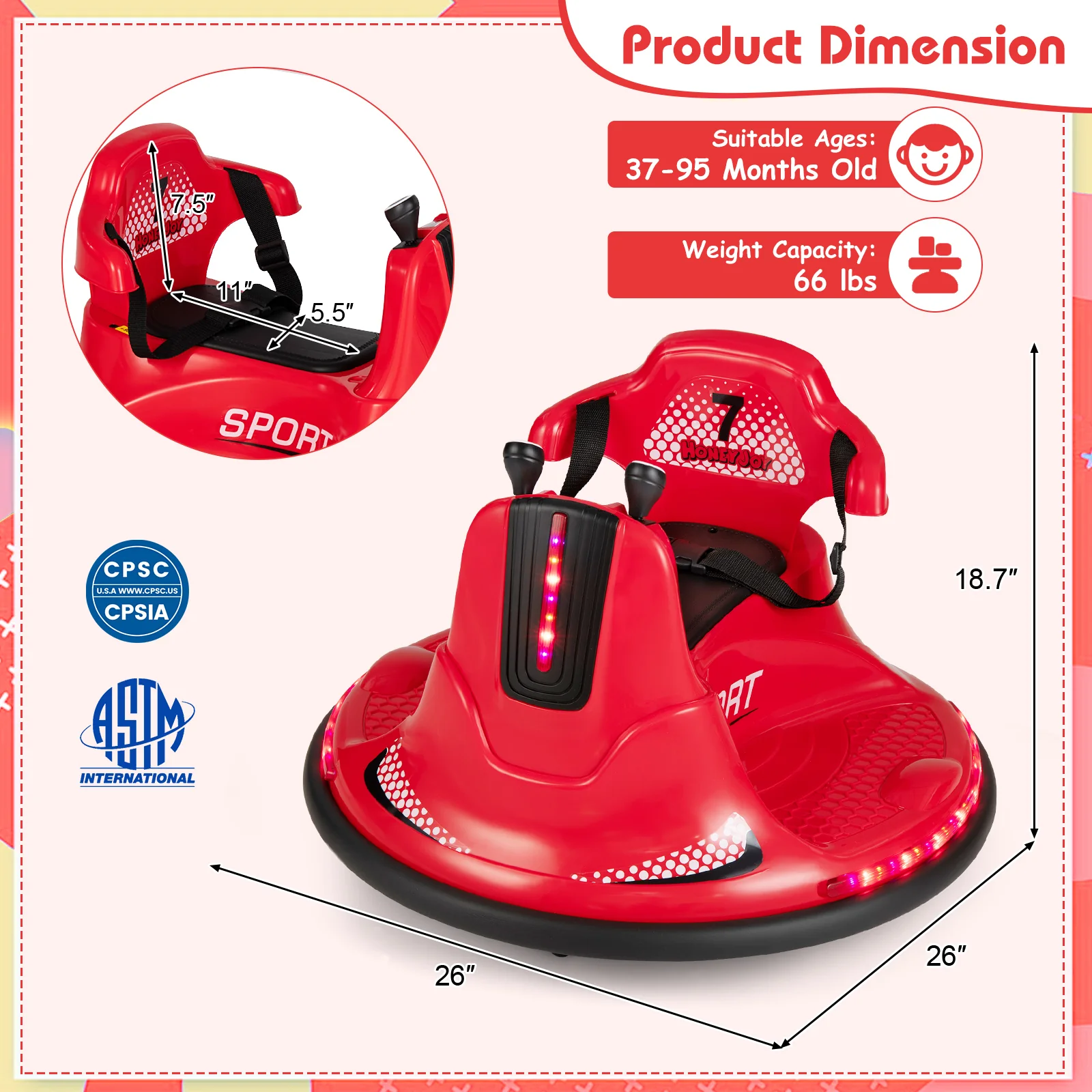 12V Kids Ride On Bumper Car, Remote Control Lights Music, Red - Image 5