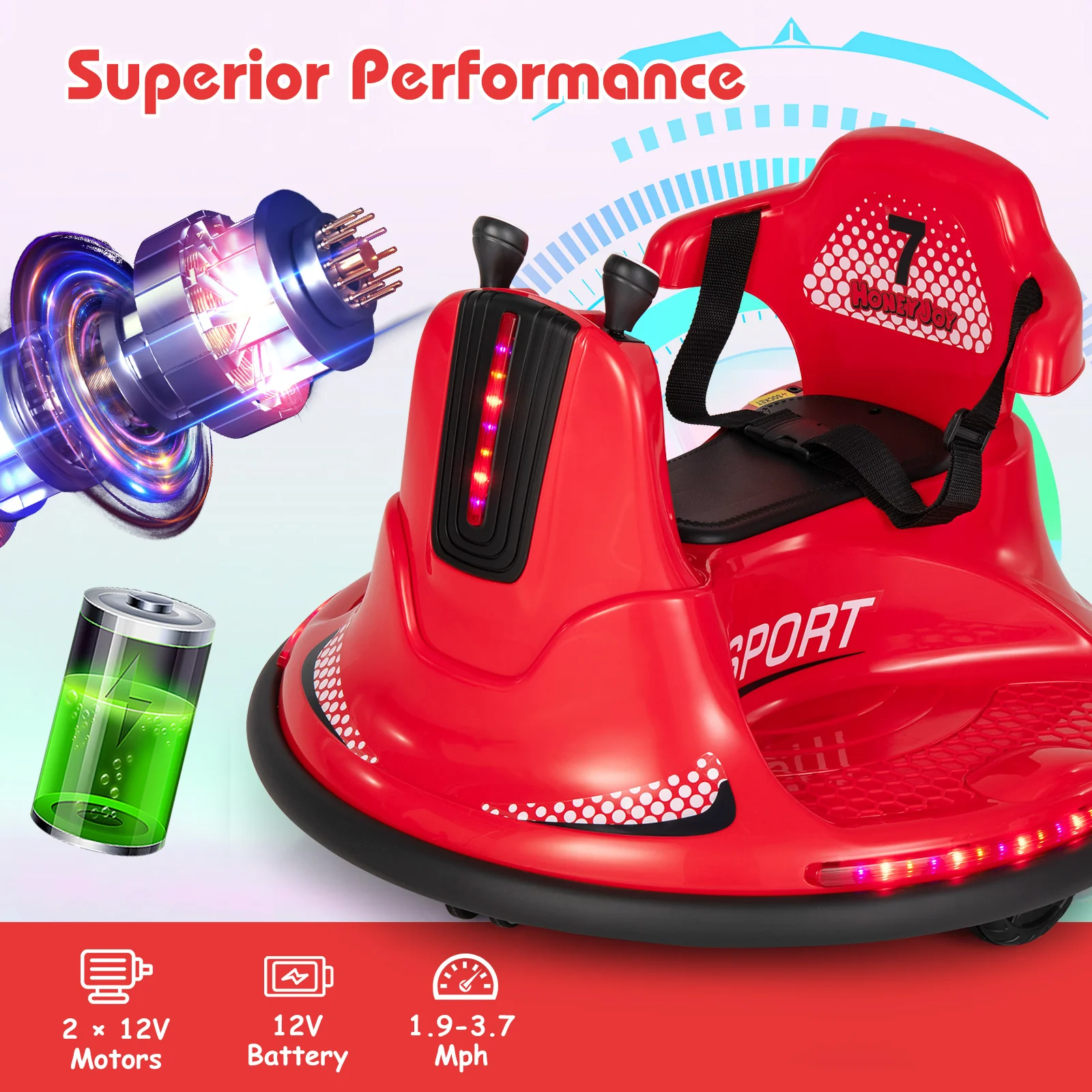 12V Kids Ride On Bumper Car, Remote Control Lights Music, Red - Image 7