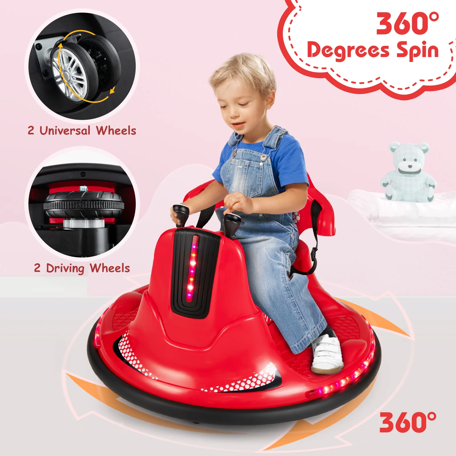 12V Kids Ride On Bumper Car, Remote Control Lights Music, Red - Image 8