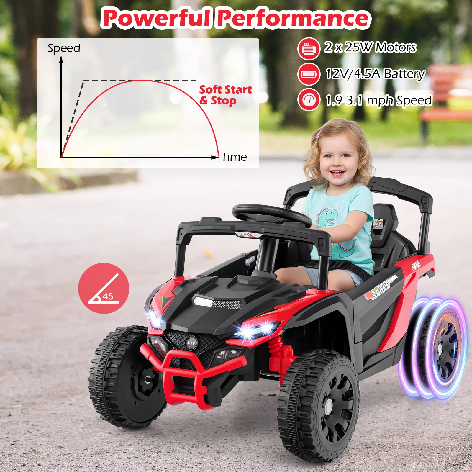 12V Kids Ride On Car, LED Lights, Music, Horn, Red - Image 10