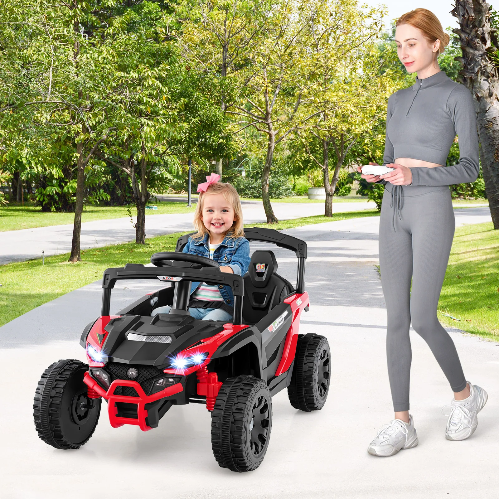 12V Kids Ride On Car, LED Lights, Music, Horn, Red - Image 3