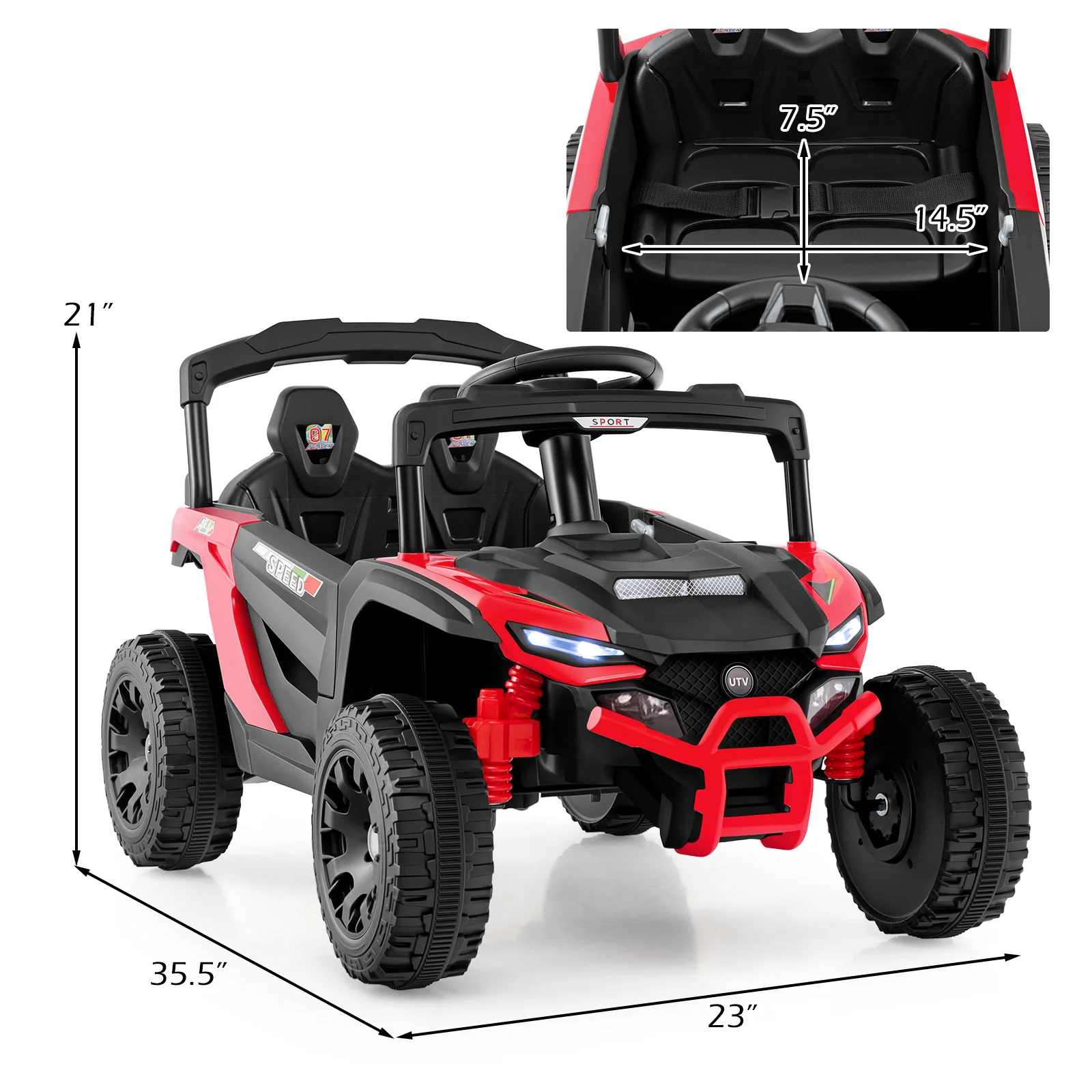 12V Kids Ride On Car, LED Lights, Music, Horn, Red - Image 6