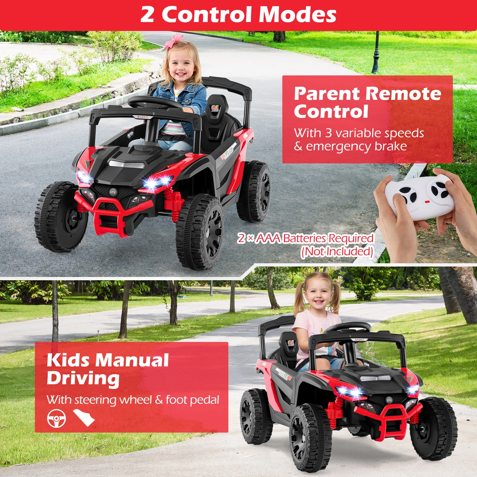 12V Kids Ride On Car, LED Lights, Music, Horn, Red - Image 8