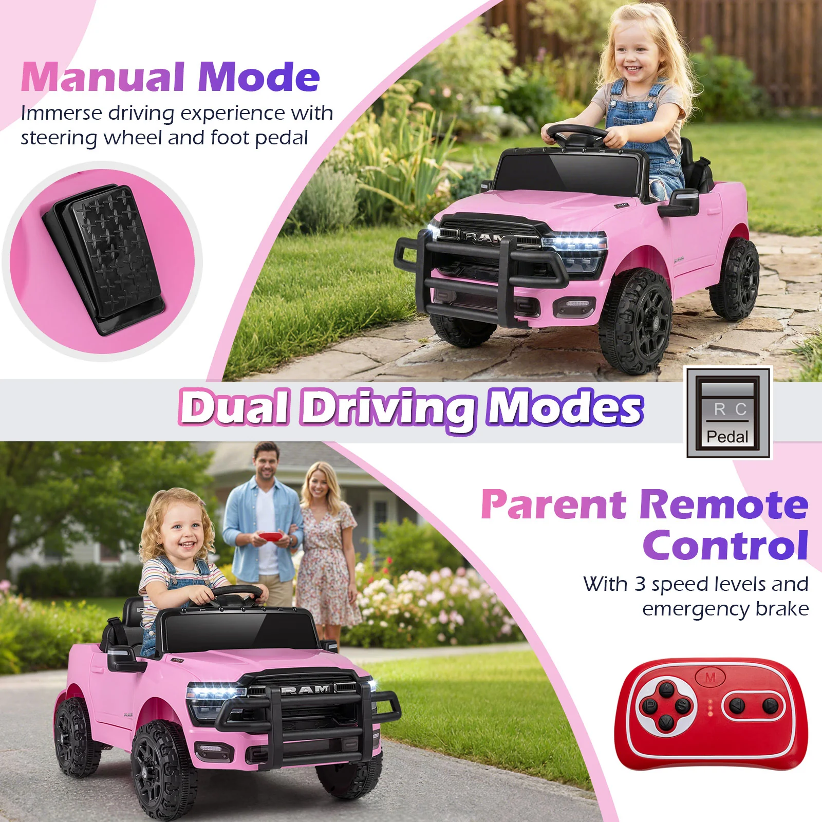 12V Kids Ride On Car Licensed RAM 3500 Electric Vehicle with Remote Control, Pink - Image 10