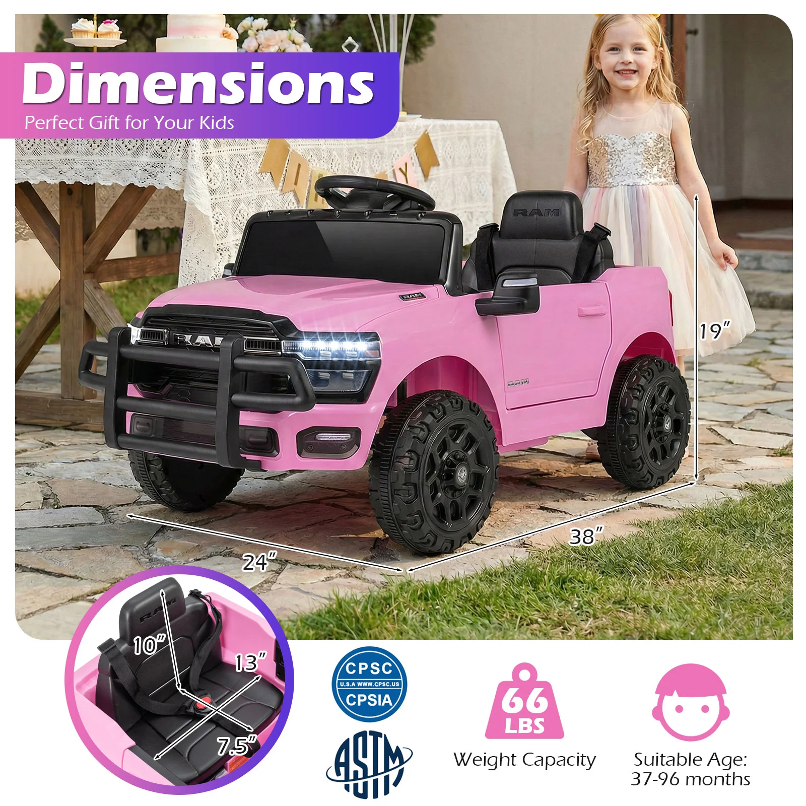 12V Kids Ride On Car Licensed RAM 3500 Electric Vehicle with Remote Control, Pink - Image 6