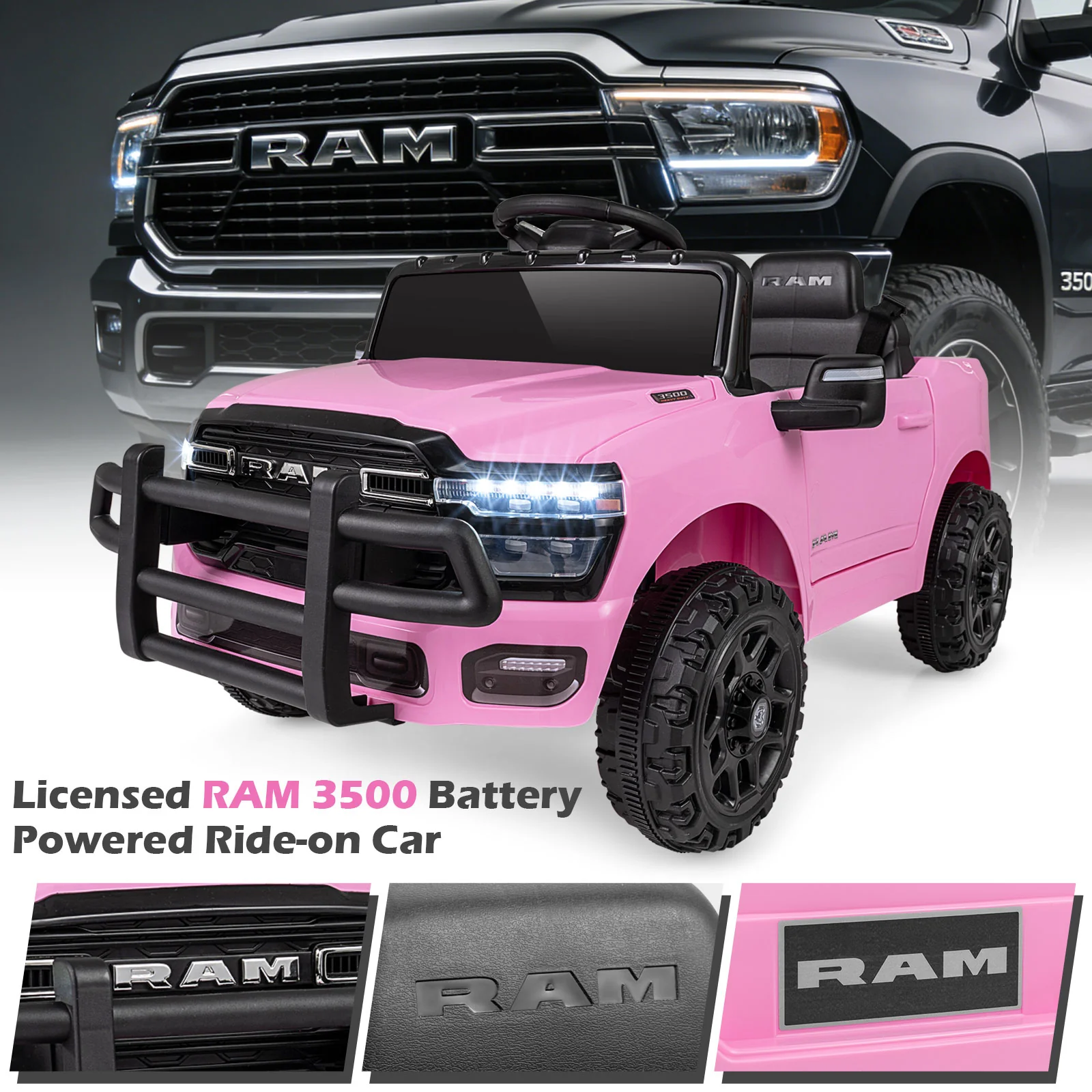12V Kids Ride On Car Licensed RAM 3500 Electric Vehicle with Remote Control, Pink - Image 7
