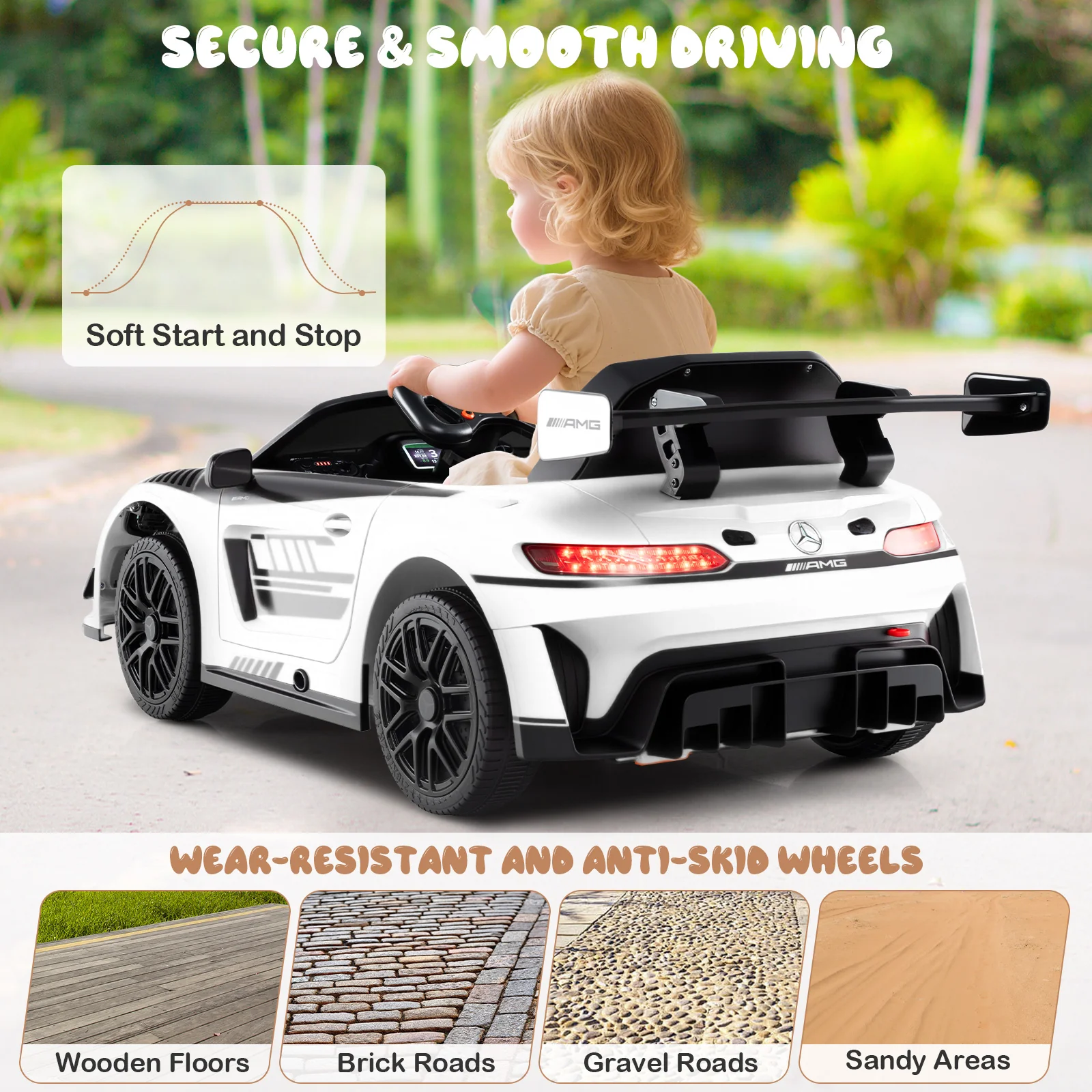 12V Kids Ride-On Car, Mercedes-AMG GT3, Adjustable Speed, White - Image 10
