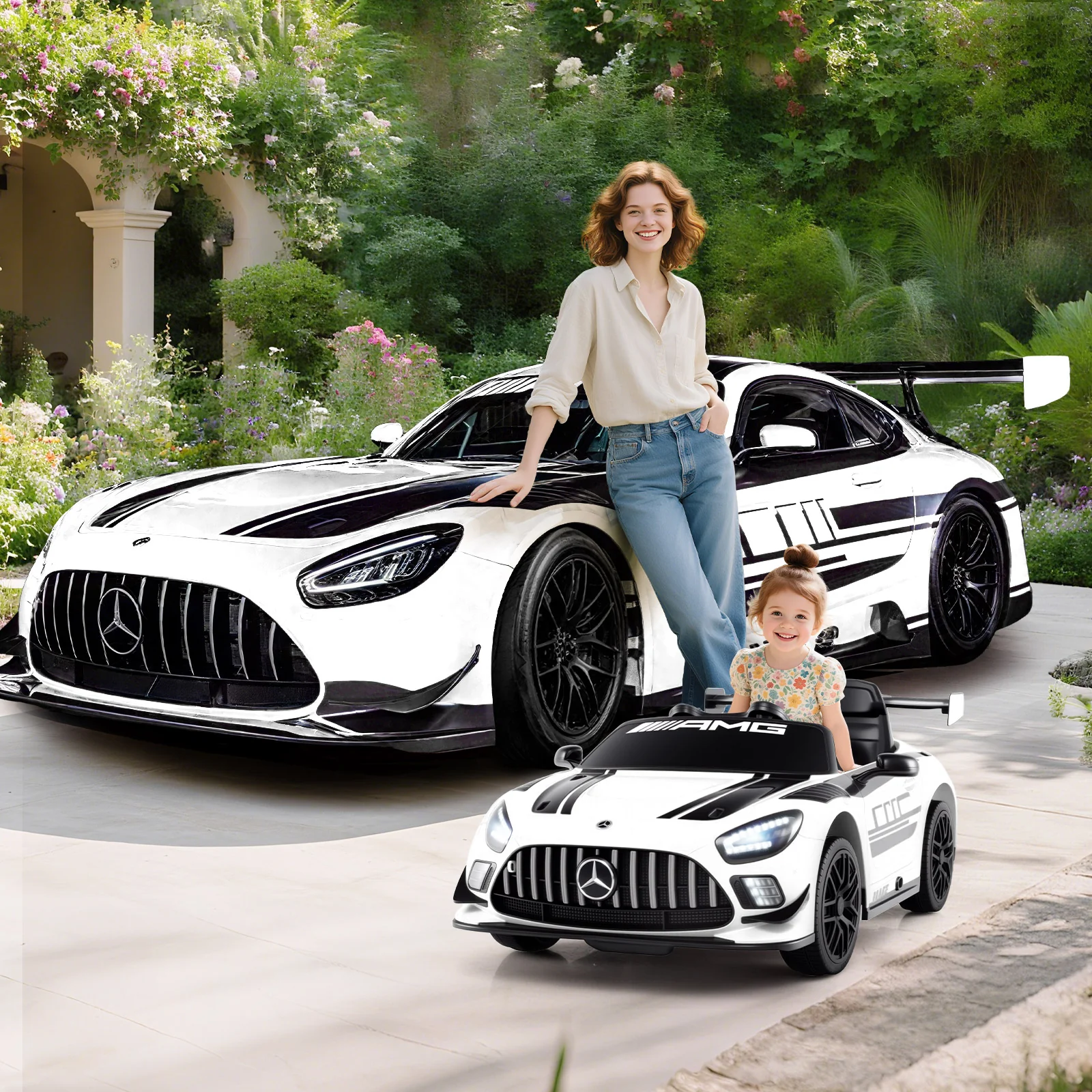 12V Kids Ride-On Car, Mercedes-AMG GT3, Adjustable Speed, White - Image 2