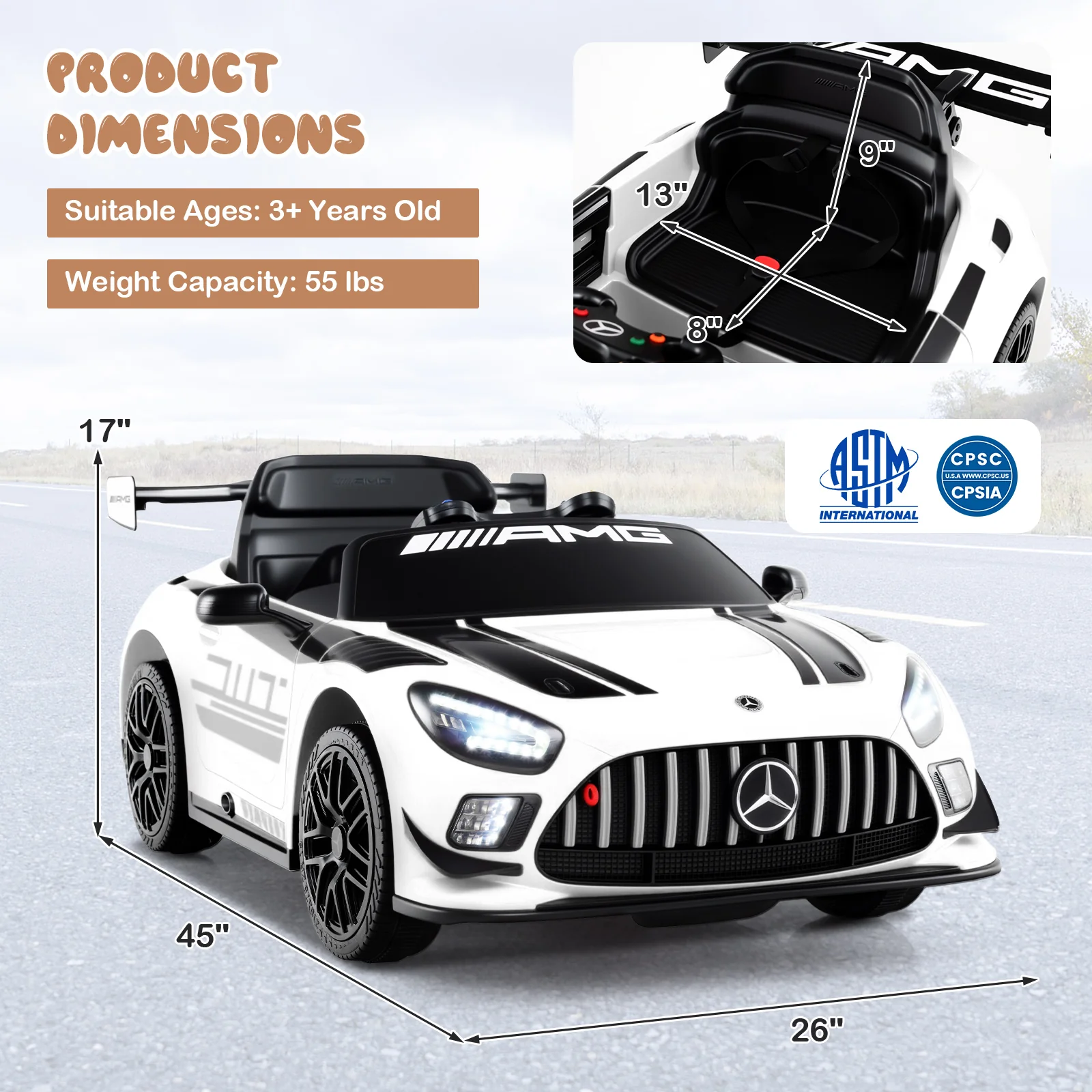 12V Kids Ride-On Car, Mercedes-AMG GT3, Adjustable Speed, White - Image 5