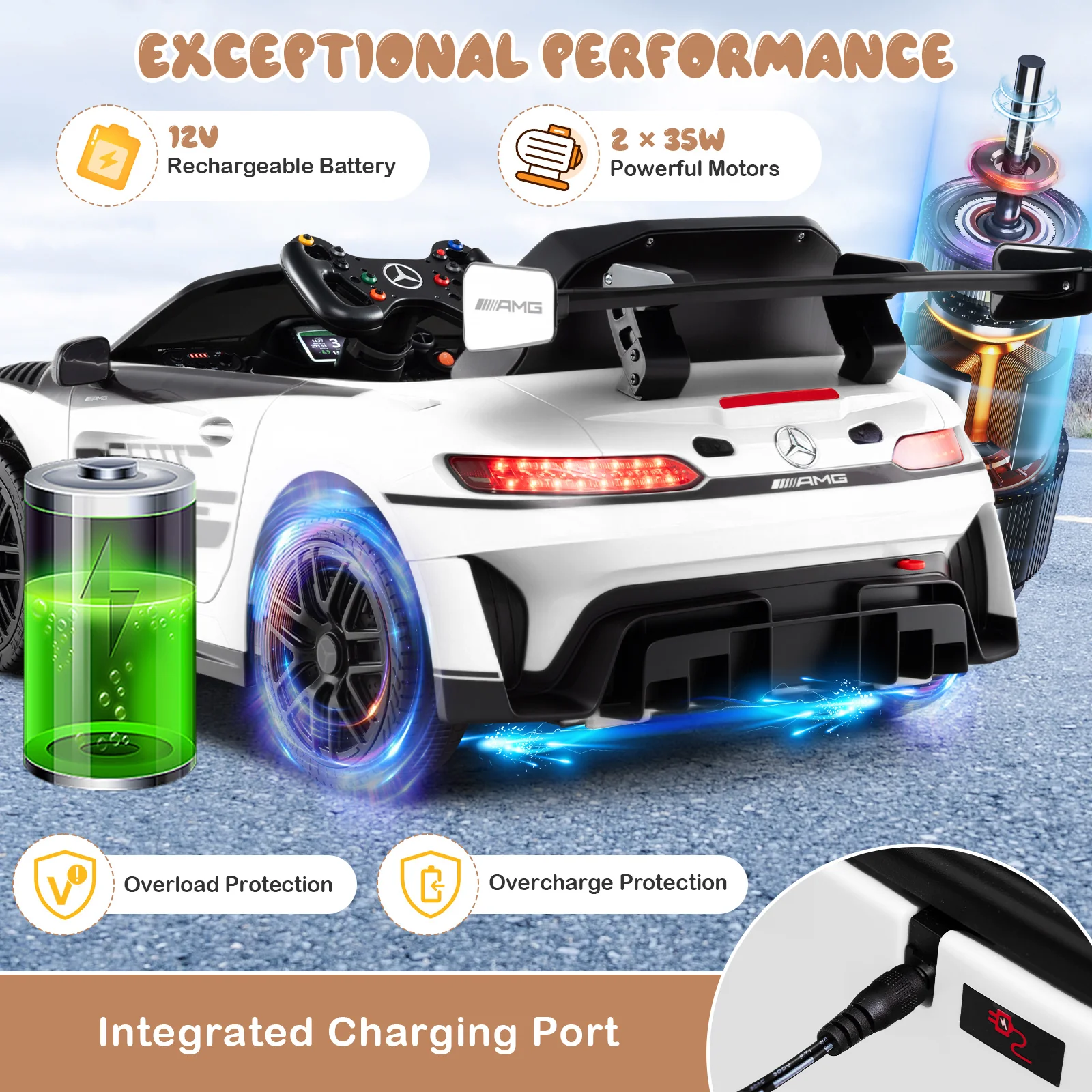 12V Kids Ride-On Car, Mercedes-AMG GT3, Adjustable Speed, White - Image 7