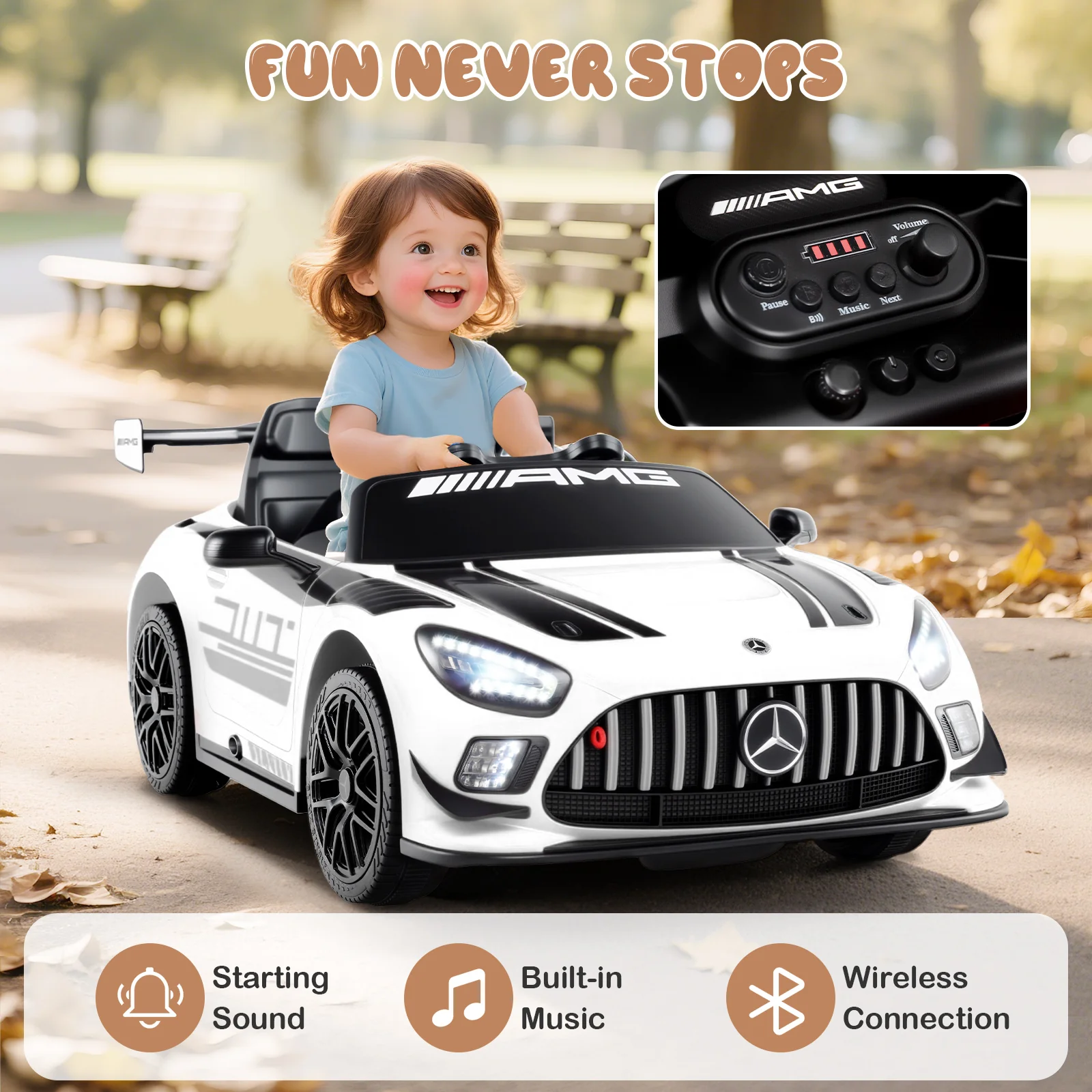 12V Kids Ride-On Car, Mercedes-AMG GT3, Adjustable Speed, White - Image 9