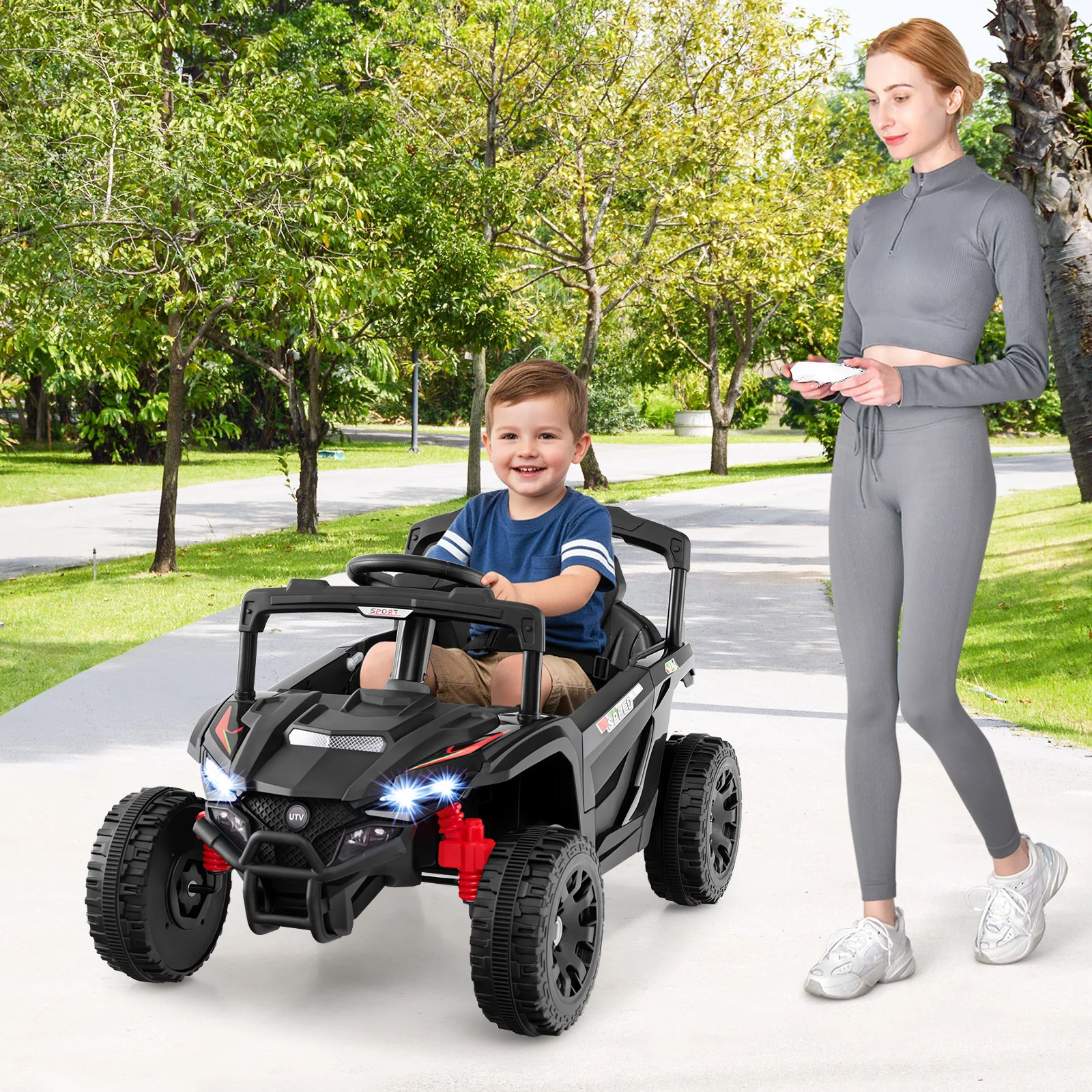 12V Kids Ride On Car, UTV Electric Vehicle, LED Lights, Music, Horn, Black - Image 3