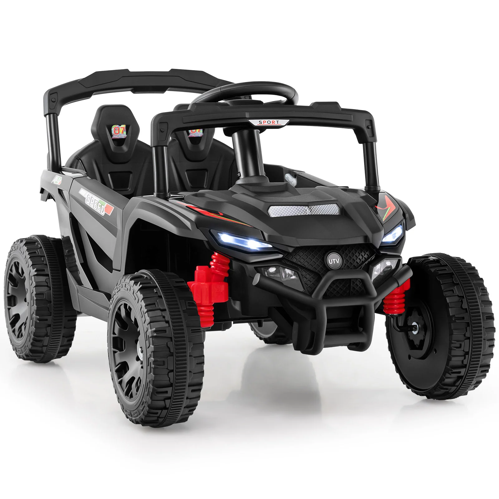 12V Kids Ride On Car, UTV Electric Vehicle, LED Lights, Music, Horn, Black - Image 4
