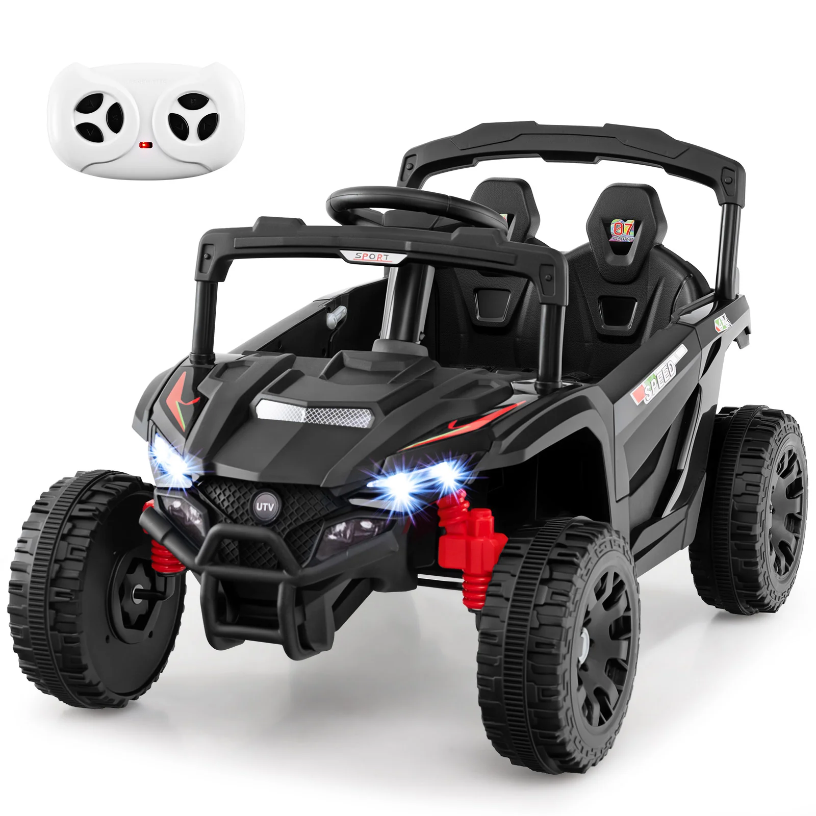 12V Kids Ride On Car, UTV Electric Vehicle, LED Lights, Music, Horn, Black - Image 5