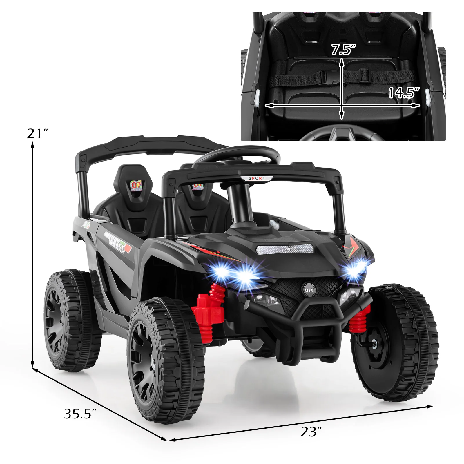12V Kids Ride On Car, UTV Electric Vehicle, LED Lights, Music, Horn, Black - Image 6
