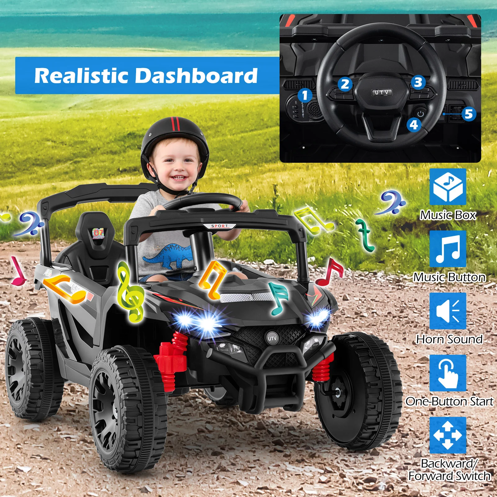 12V Kids Ride On Car, UTV Electric Vehicle, LED Lights, Music, Horn, Black - Image 8
