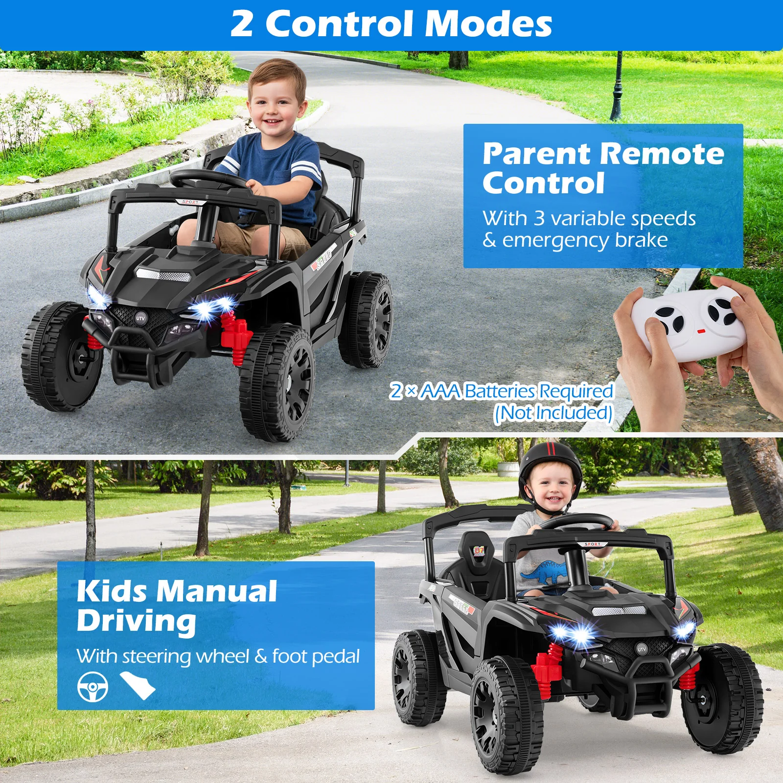 12V Kids Ride On Car, UTV Electric Vehicle, LED Lights, Music, Horn, Black - Image 9