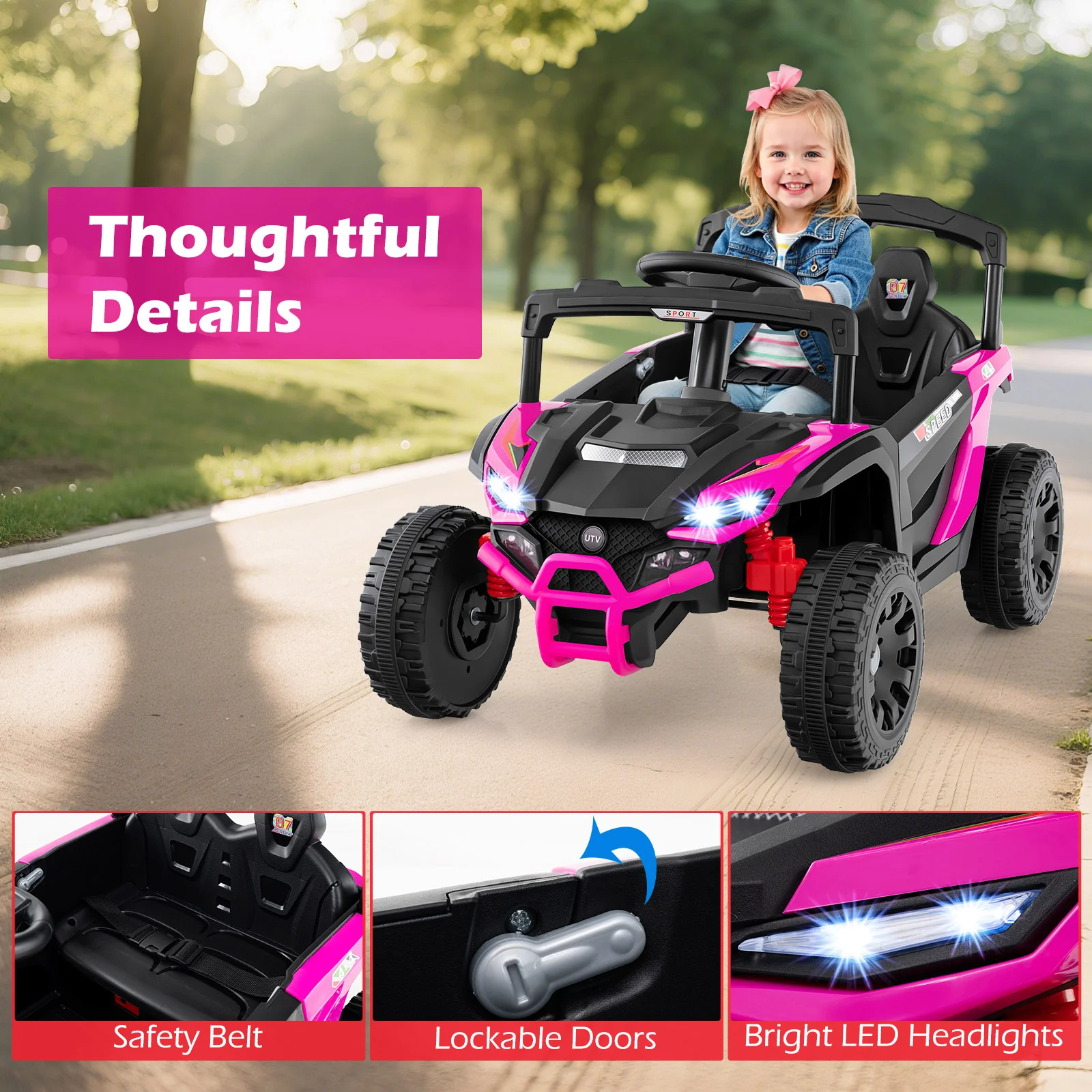 12V Kids Ride On Car, UTV Electric Vehicle, LED Lights, Music, Horn, Hot Pink - Image 10