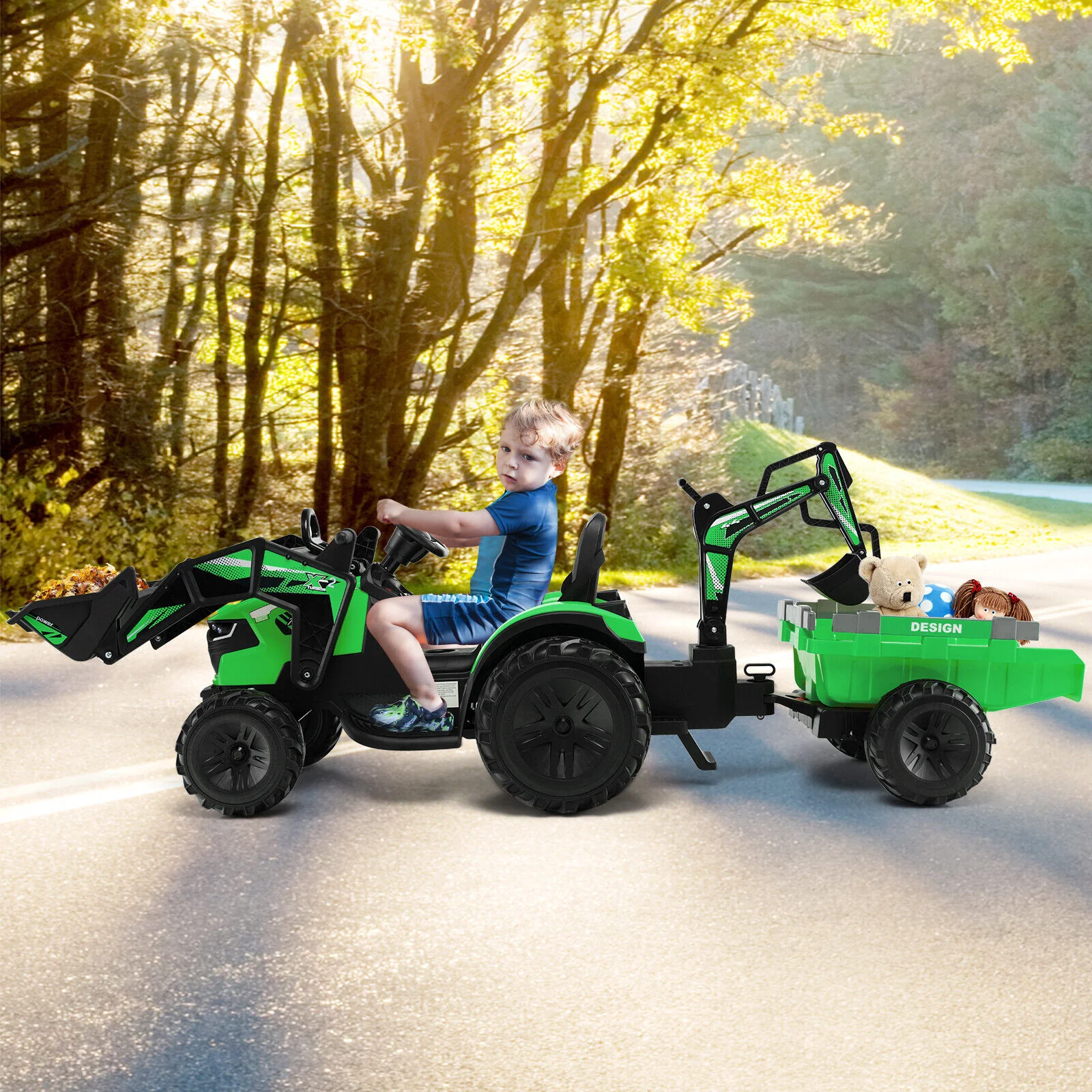 12V Kids Ride On Excavator, 3 In 1 With Shovel Bucket, Green - Image 2