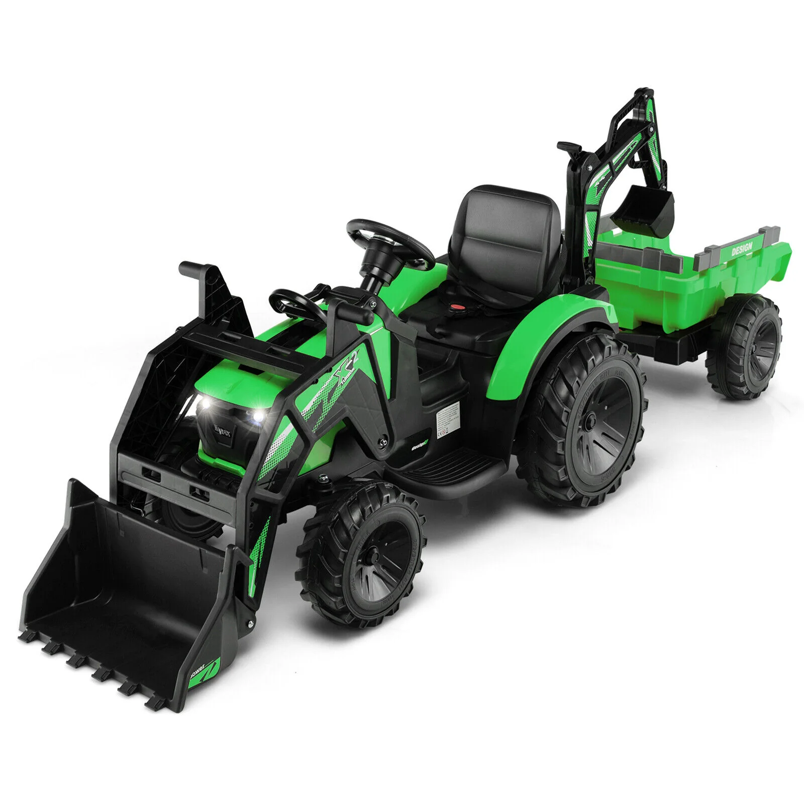 12V Kids Ride On Excavator, 3 In 1 With Shovel Bucket, Green - Image 3