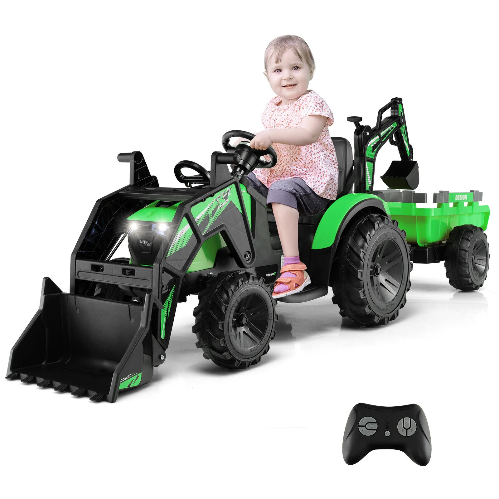12V Kids Ride On Excavator, 3 In 1 With Shovel Bucket, Green - Image 4
