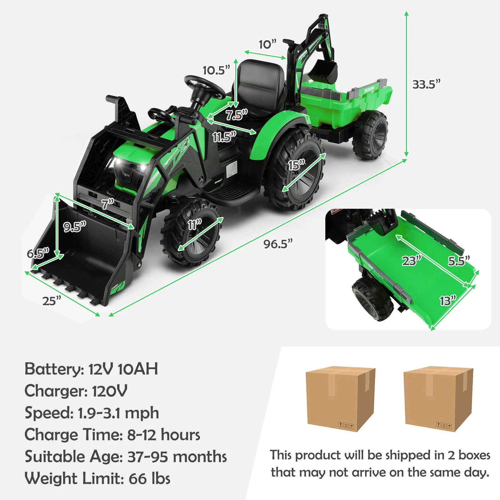 12V Kids Ride On Excavator, 3 In 1 With Shovel Bucket, Green - Image 5