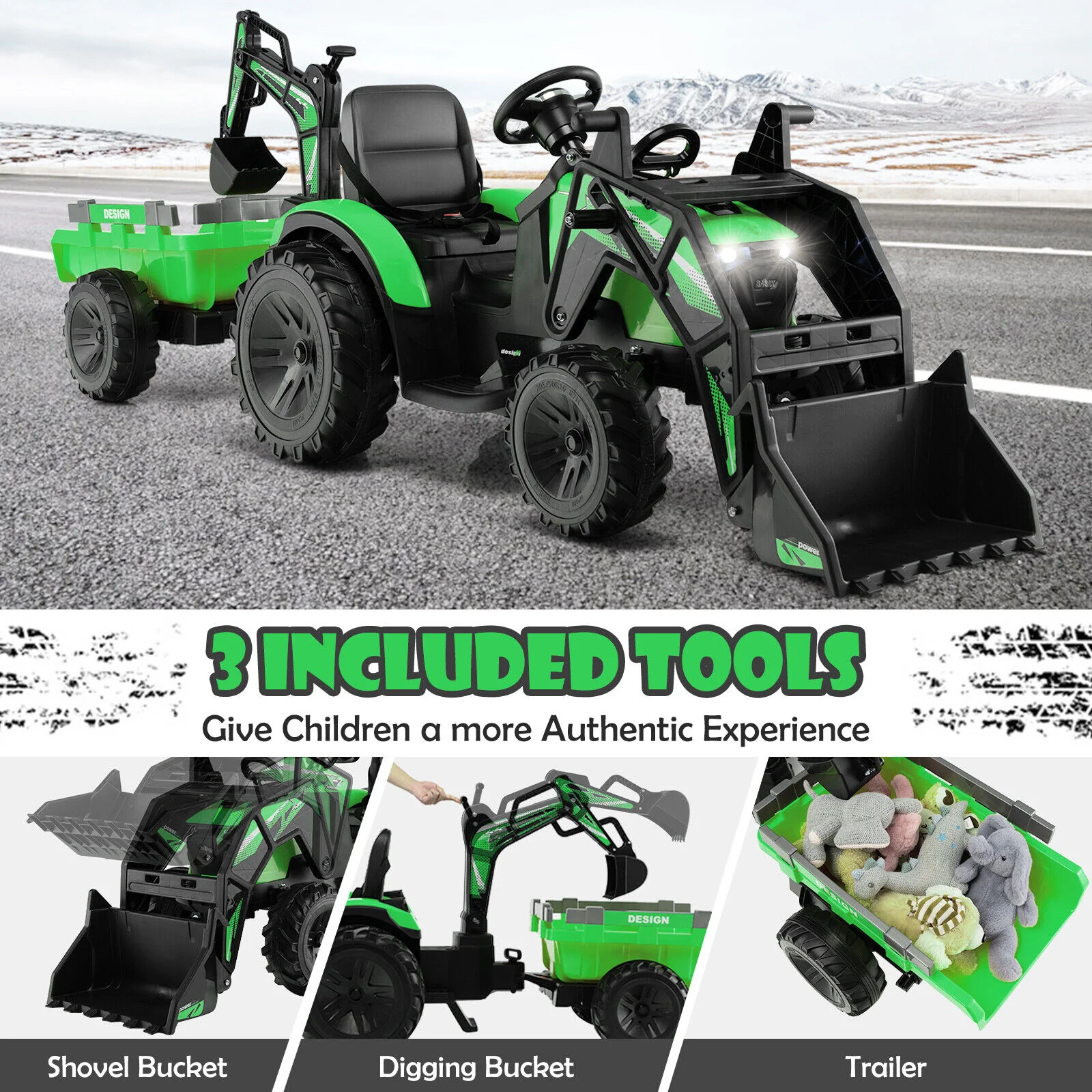 12V Kids Ride On Excavator, 3 In 1 With Shovel Bucket, Green - Image 7