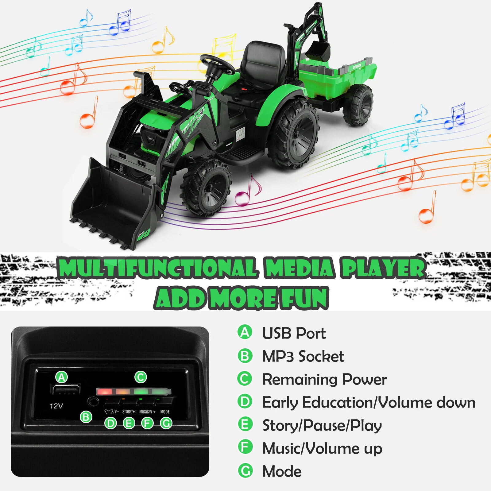 12V Kids Ride On Excavator, 3 In 1 With Shovel Bucket, Green - Image 8