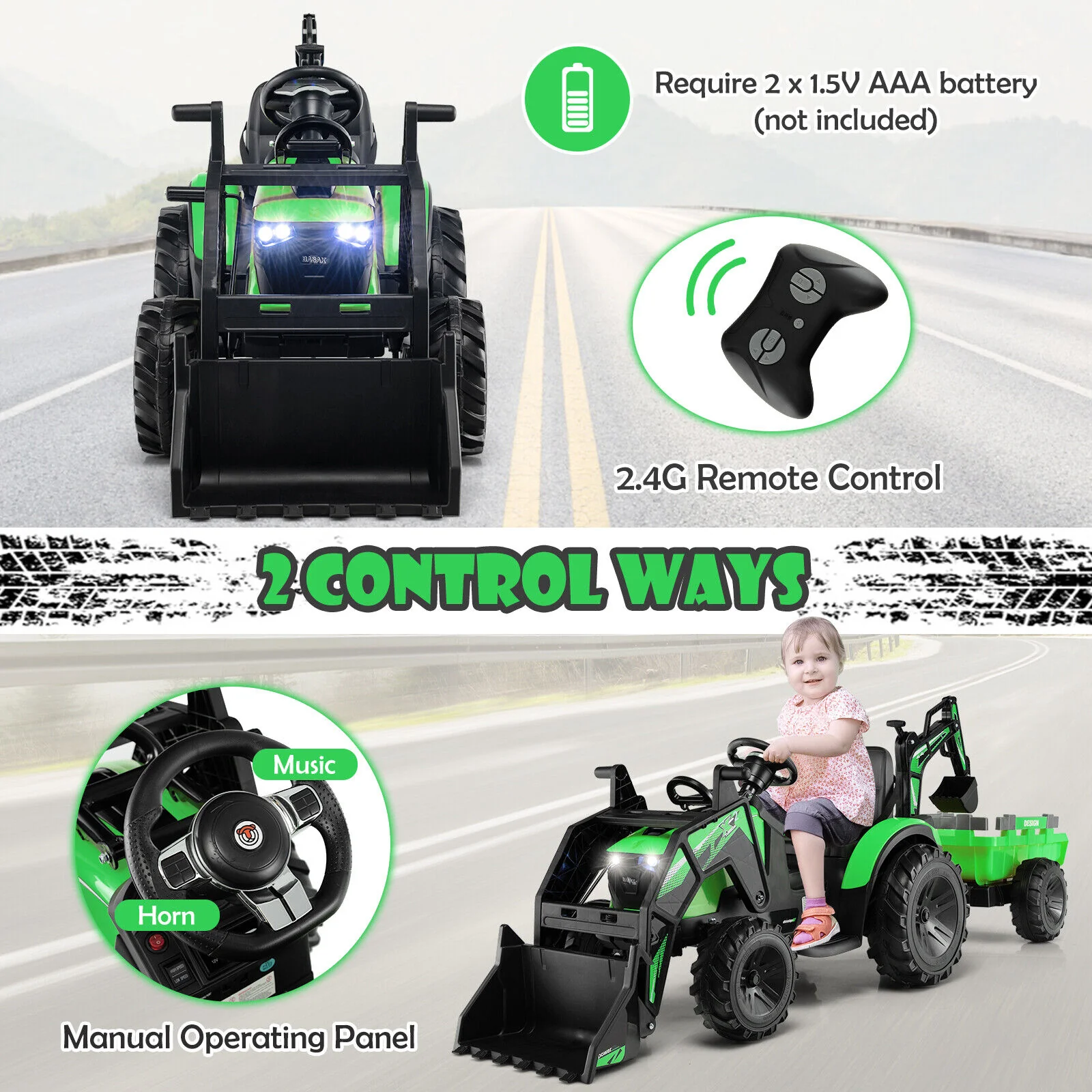 12V Kids Ride On Excavator, 3 In 1 With Shovel Bucket, Green - Image 9