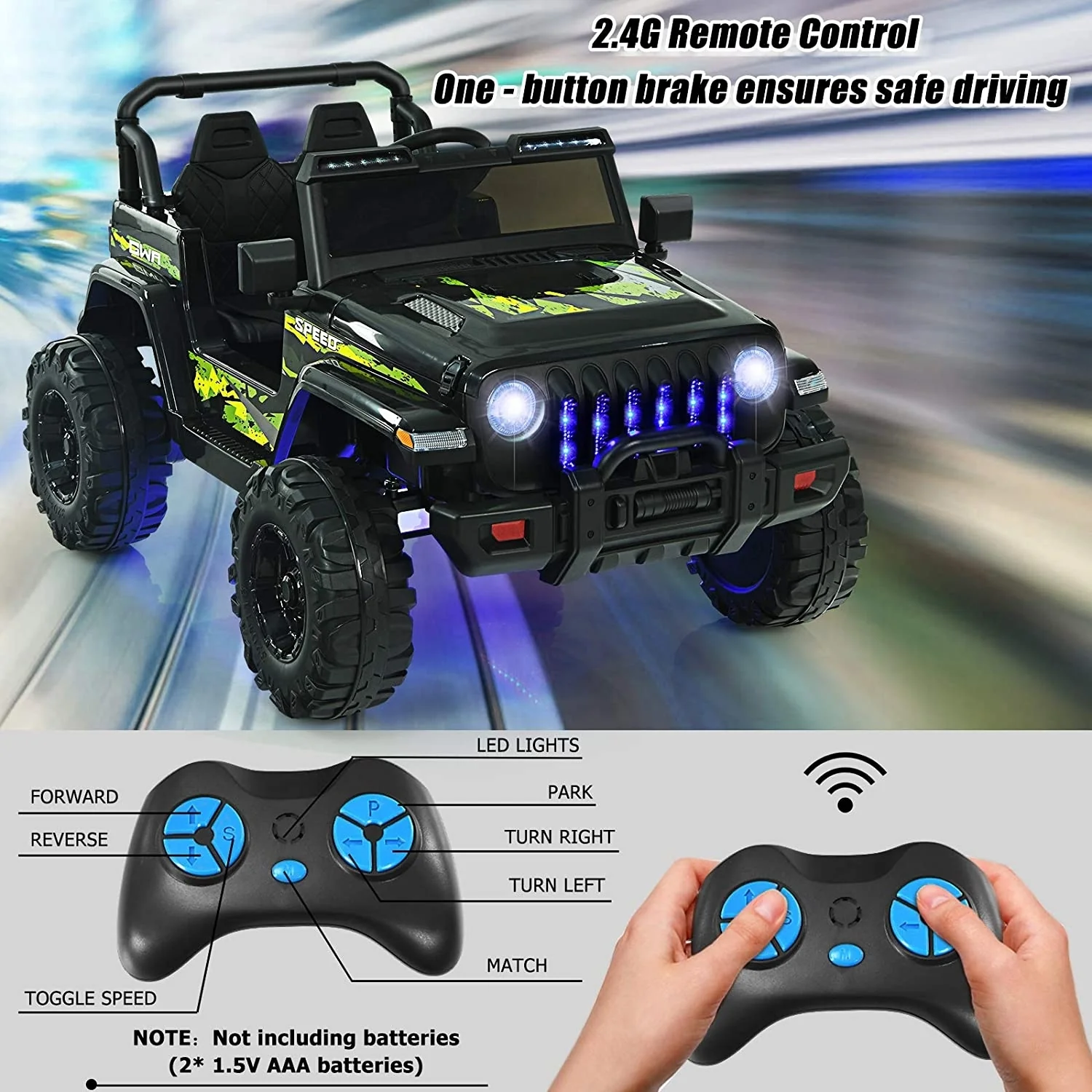12V Kids Ride-On Jeep Car, 2.4G Remote Control, Green - Image 3