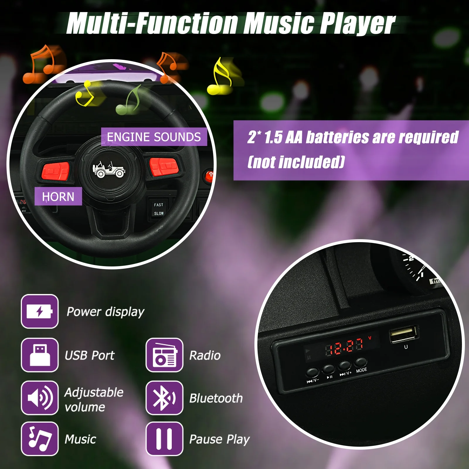 12V Kids Ride-On Jeep Car, 2.4G Remote Control, Purple - Image 7