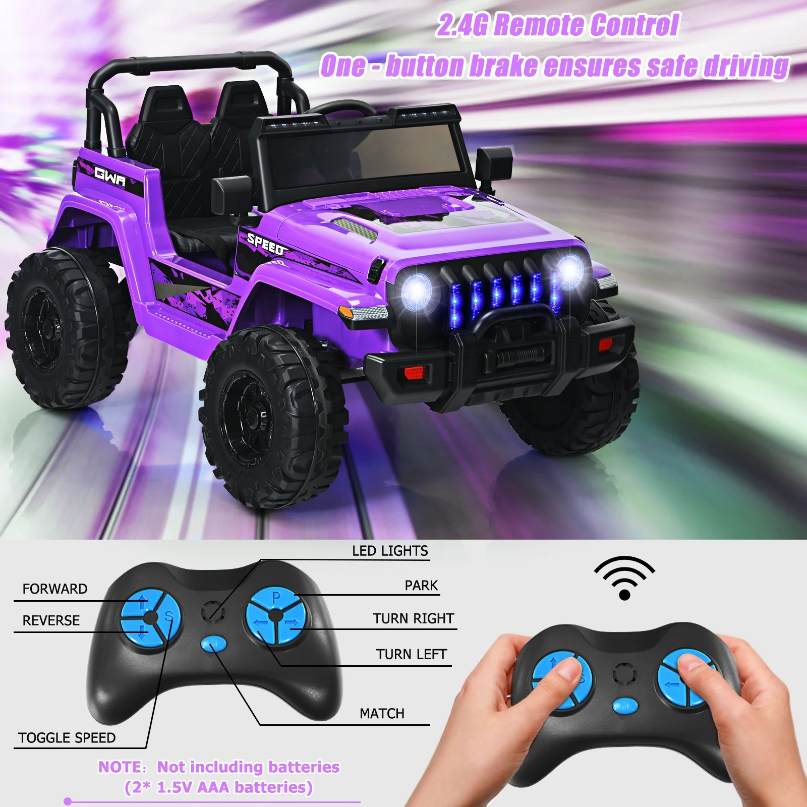 12V Kids Ride-On Jeep Car, 2.4G Remote Control, Purple - Image 8